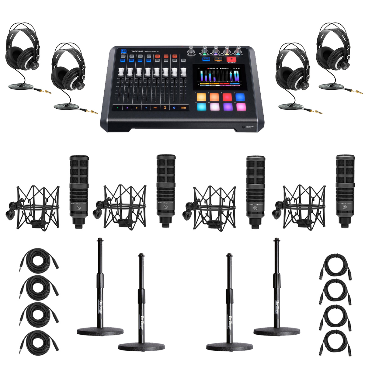 

Tascam Mixcast 4 Podcast Station, w/4x TAP300 Broadcast Mics & 4x DS7200B Stand