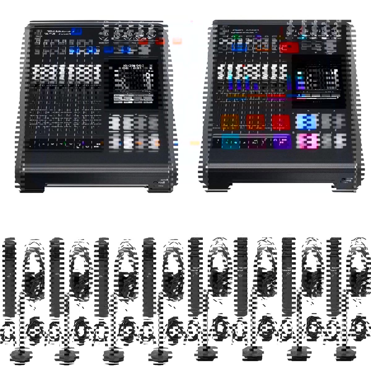 

Tascam Mixcast 4 Podcast Station, w/4x TAP500 Broadcast Mics & 4x DS7200B Stand