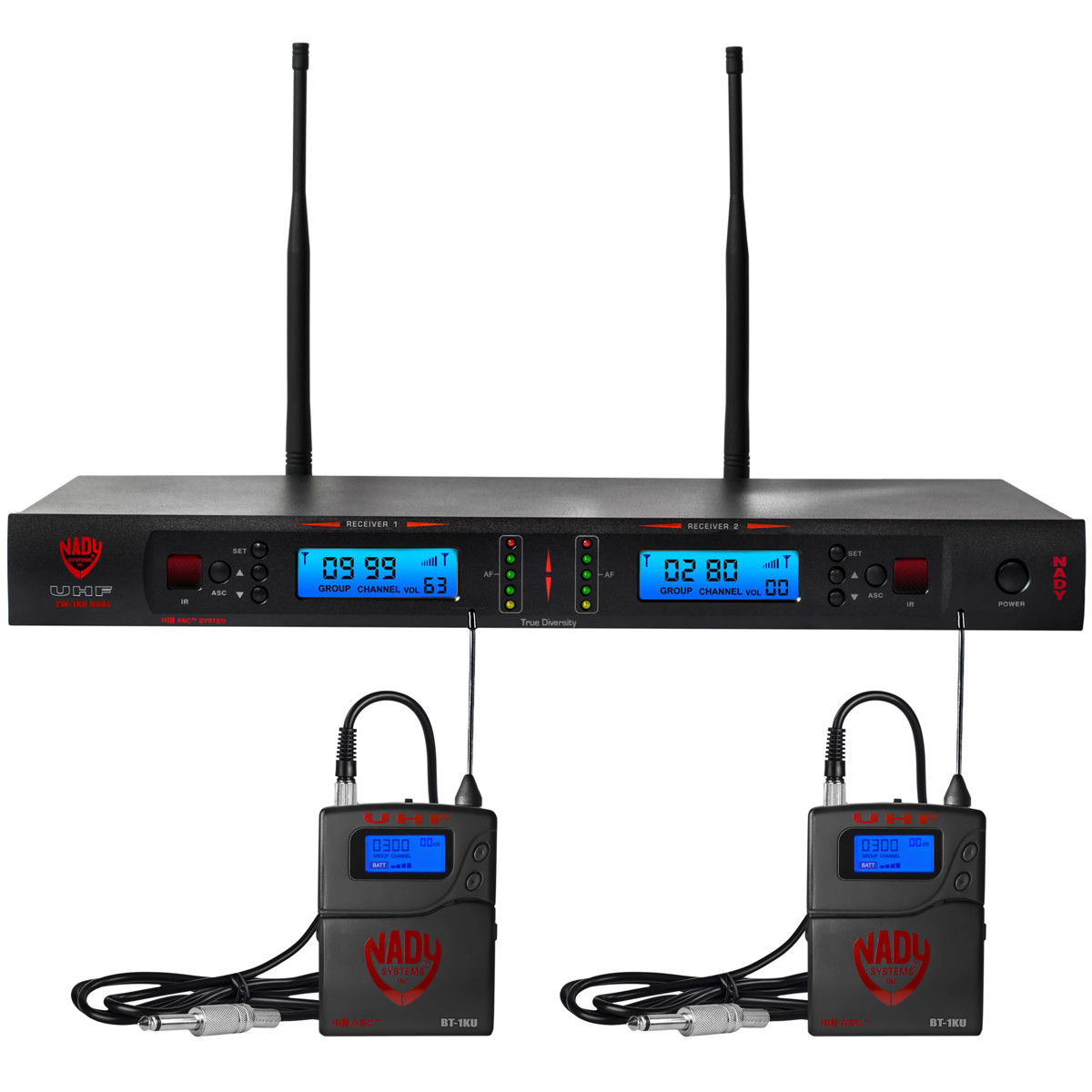 

Nady 2W-1KU 1000-Channel UHF Dual Receiver Wireless System w/2x Instrument Cable