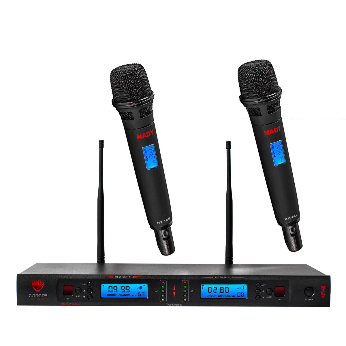 

Nady 2W-1KU 1000-Ch UHF Dual Receiver Wireless System w/2x HT-1KU Handheld Mic