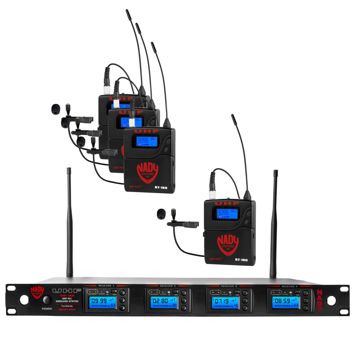 

Nady 4W-1KU 1000-Channel UHF Quad Receiver Wireless System w/4x Lapel Microphone