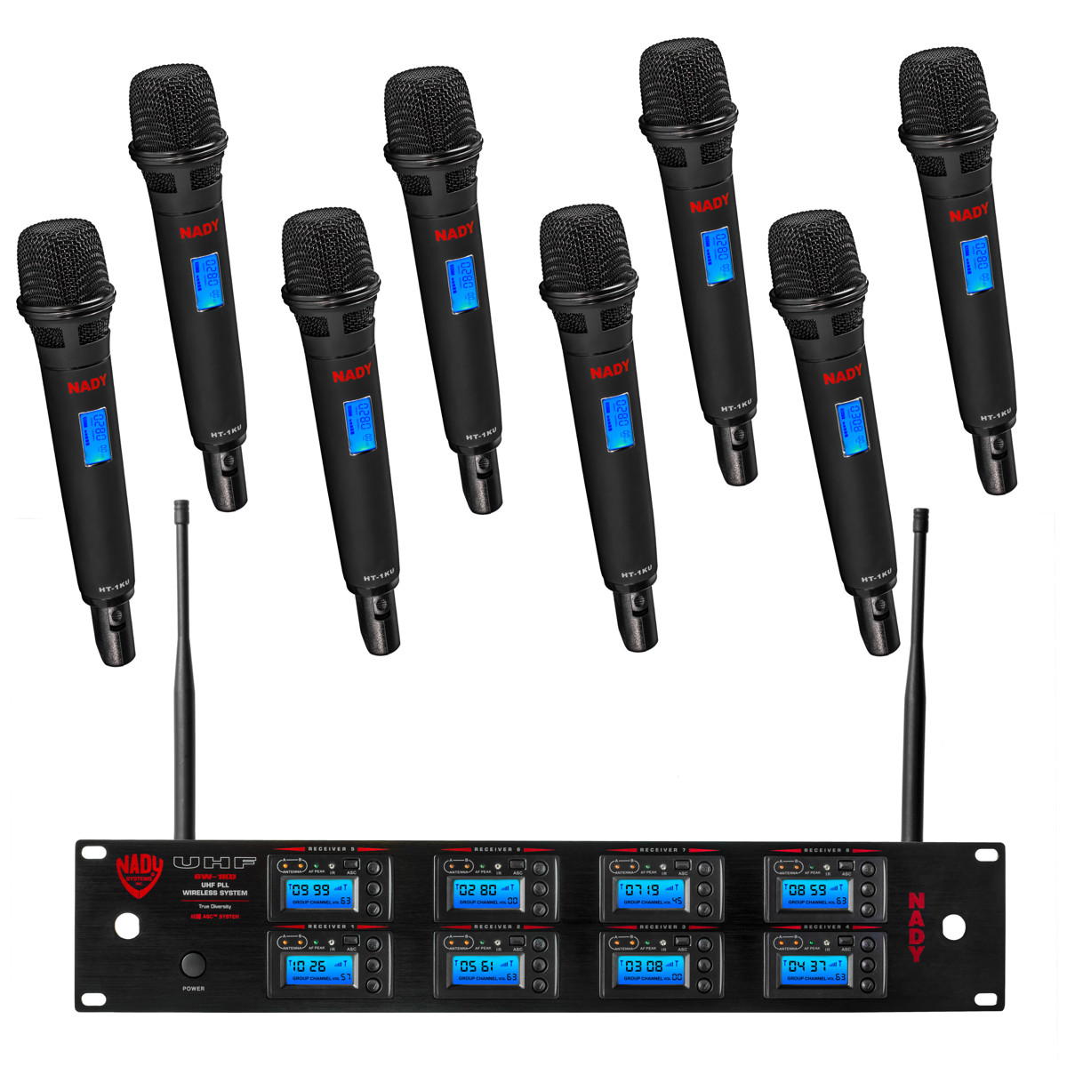 

Nady 8W-1KU 1000-Ch UHF Octo Receiver Wireless System w/8x HT-1KU Handheld Mic