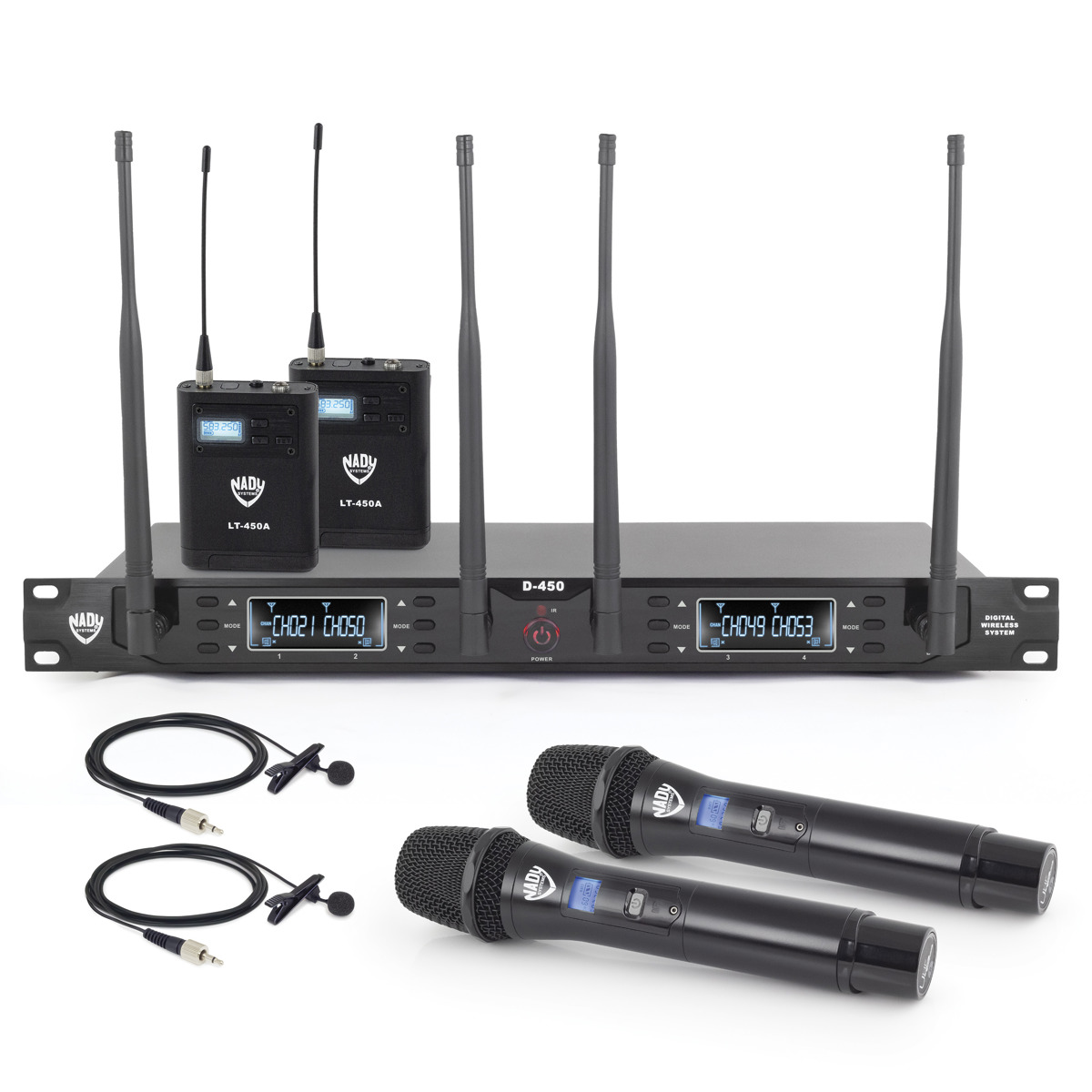 

Nady D-450 200-Ch Quad Receiver Digital Wireless System,2x Handheld,2x Lapel Mic
