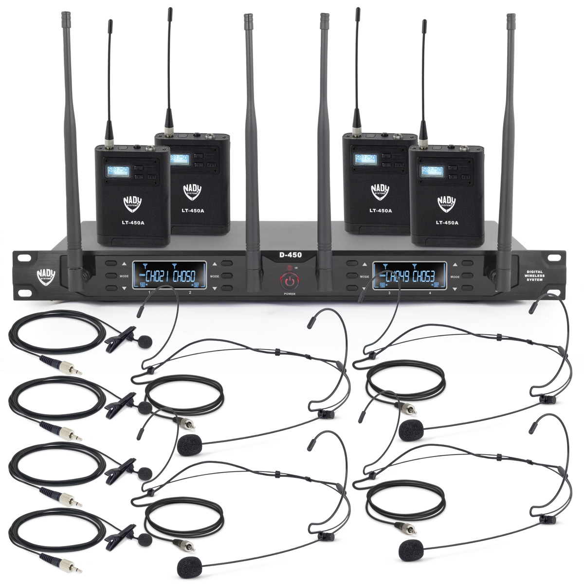 

Nady D-450 200-Ch Quad Receiver Digital Wireless, 4x Lapel,4x Black Headworn Mic