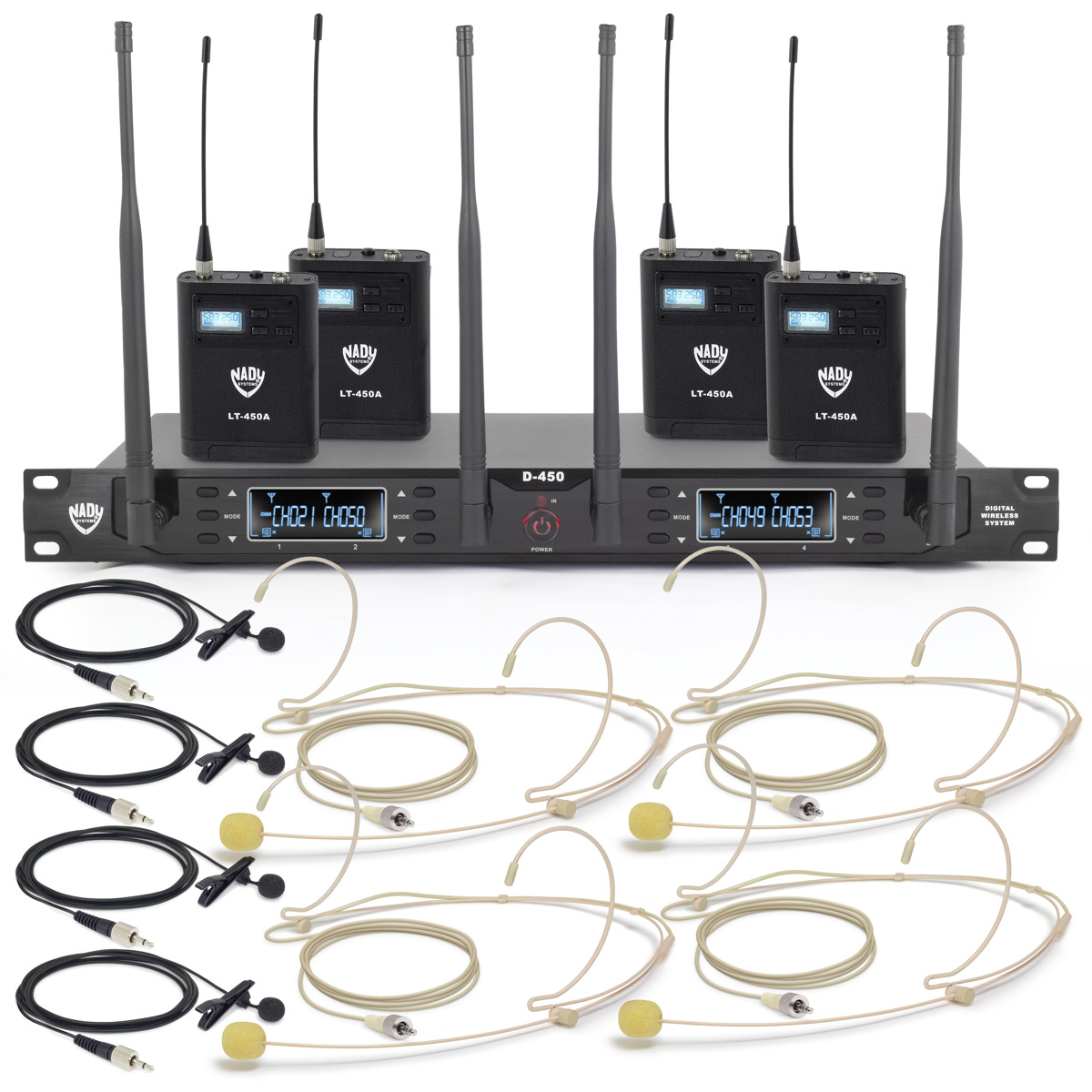 

Nady D-450 200-Ch Quad Receiver Digital Wireless, 4x Lapel,Beige 4x Headworn Mic