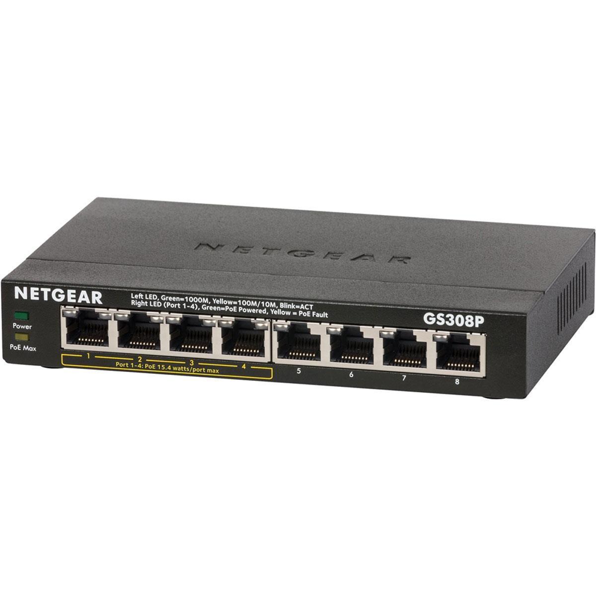 

Netgear GS308P 8-Port Gigabit Ethernet Unmanaged Switch with 4-Port PoE, Black