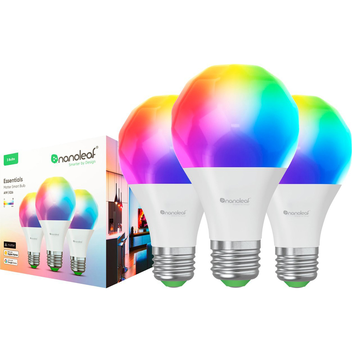 

Nanoleaf Essentials Matter A19 E26 60W RGBCW Smart LED Bulb, 3-Pack