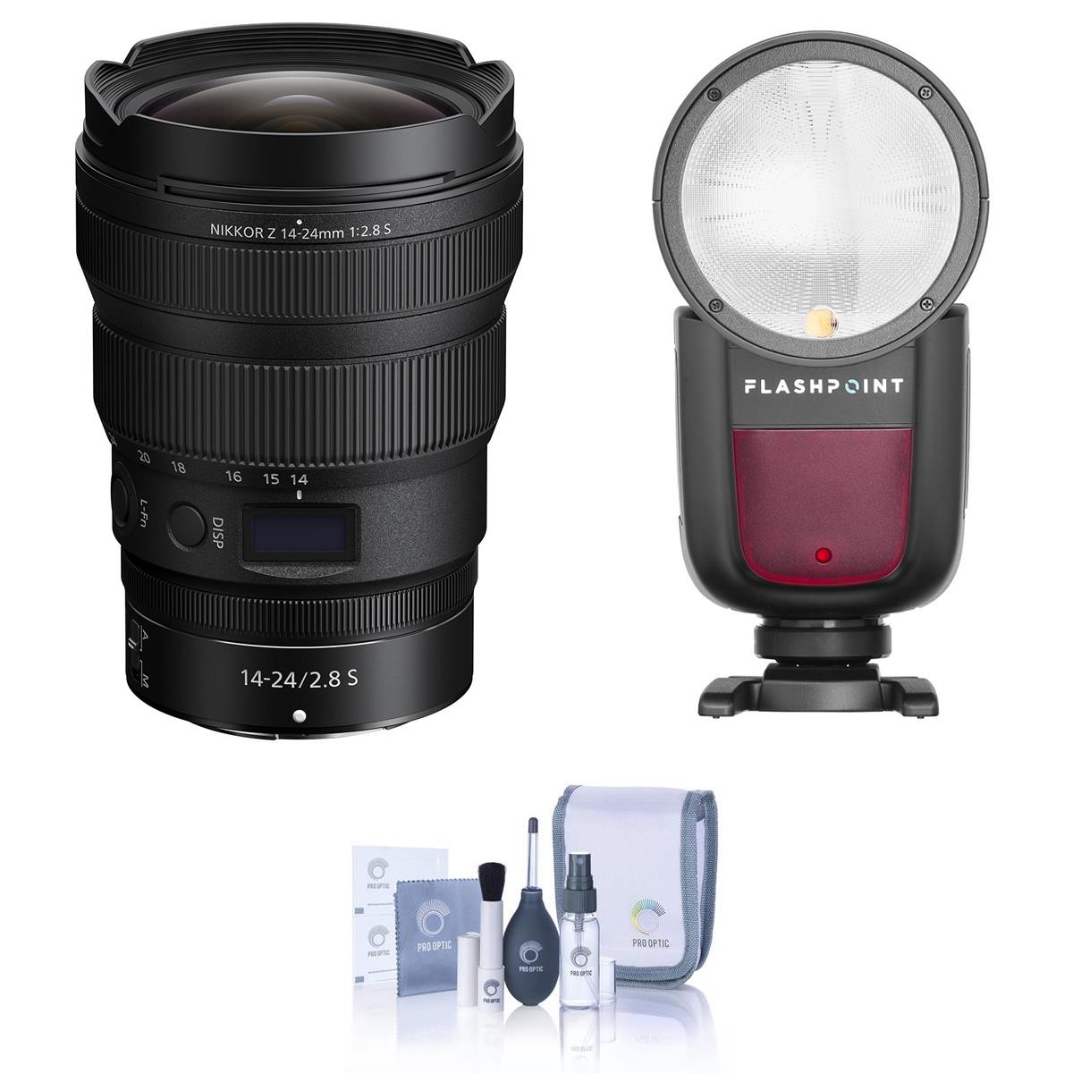 Nikon NIKKOR Z 14-24mm f/2.8 S Lens for Z Series Mirrorless Cameras - With Flashpoint Zoom Li-on X R2 TTL On-Camera Round Flash Speedlight For Nikon , Cleaning Kit