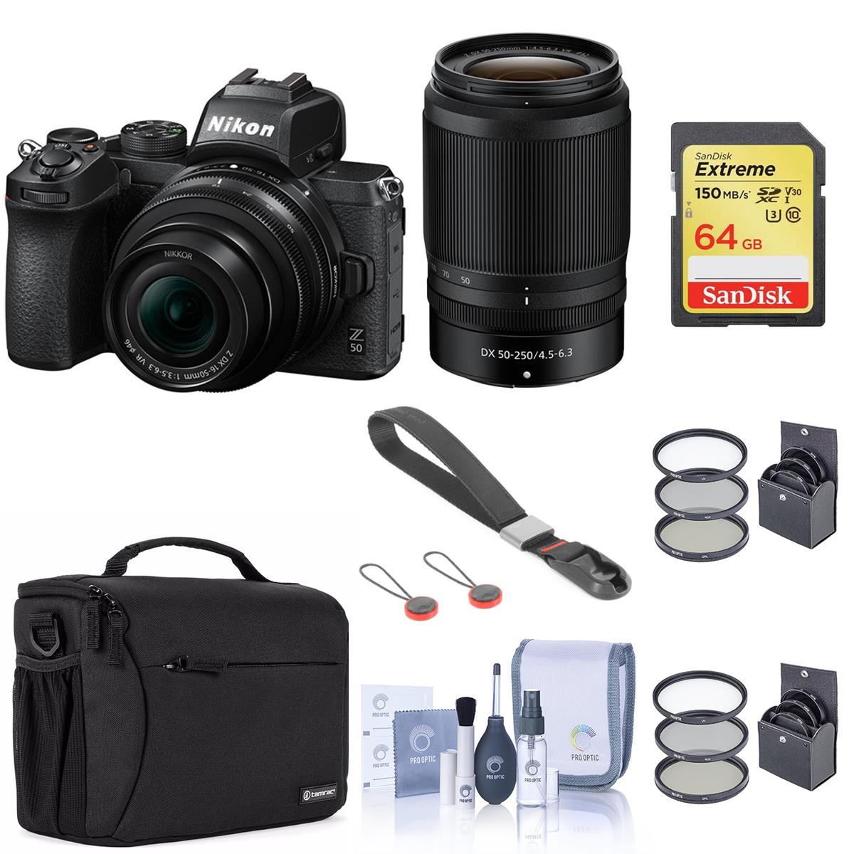 Nikon Z50 DX-Format Camera w/16-50mm and 50-250mm Lenses, Wrist Strap, 64GB Card