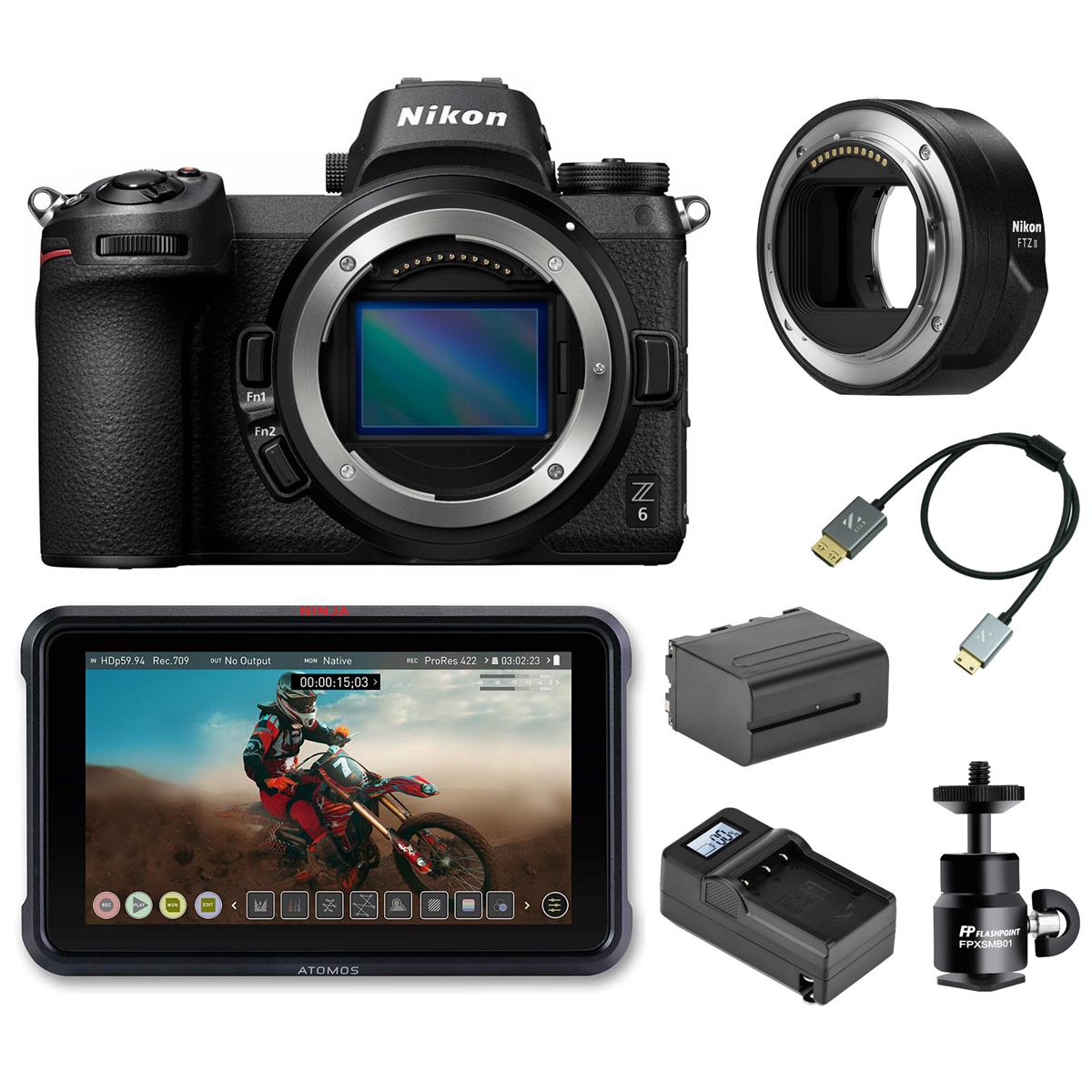 Nikon Z6 FX-Format Mirrorless Camera Body w/FTZ Adapter, Atomos Ninja V Cine Kit