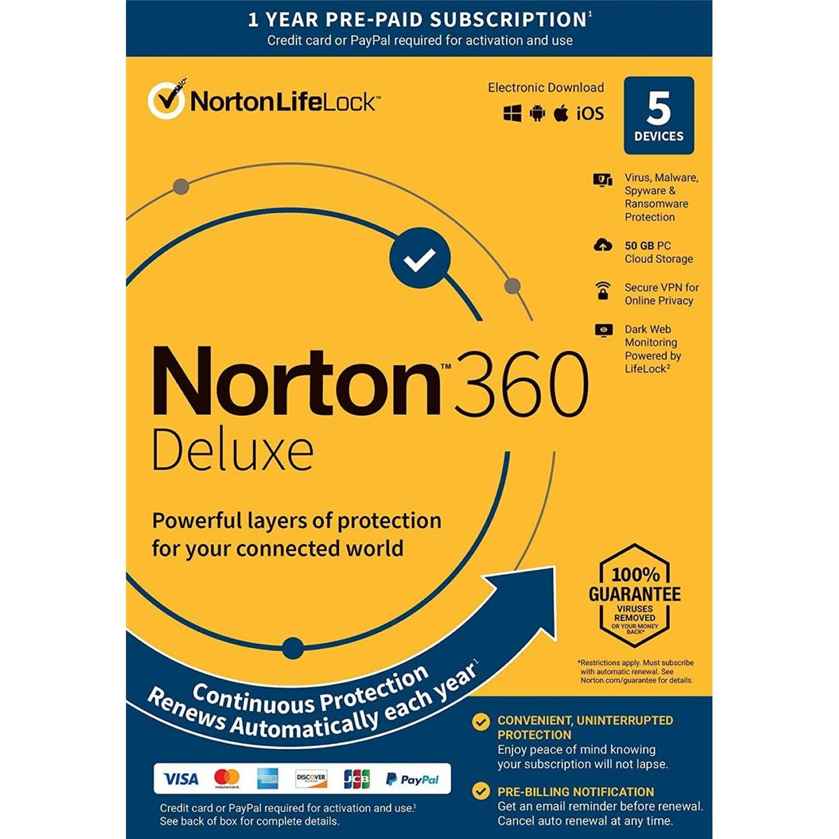 Norton 360 Deluxe 1-Year Security Software License, 5-Devices, Key Card -  21389902
