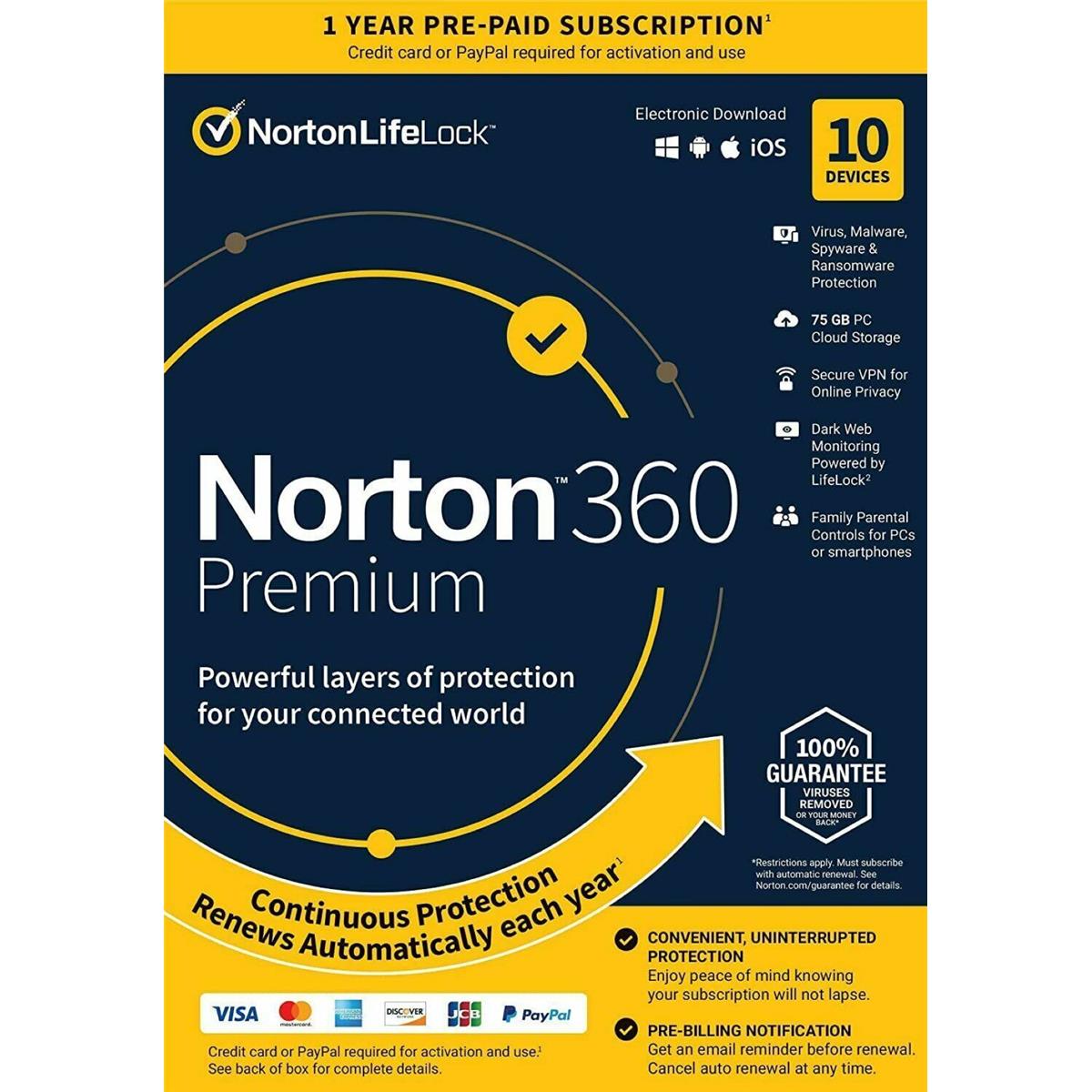 Norton 360 Premium 1-Year Security Software License, 10-Devices, Key Card -  21389946