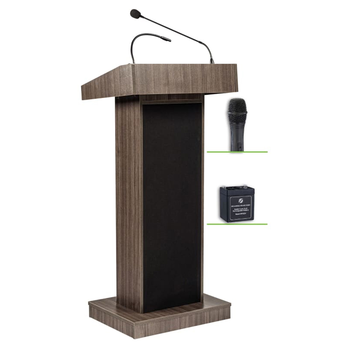 

Oklahoma Sound Orator 800X Lectern, LWM-5 Wireless HH Mic & Battery, Ribbonwood