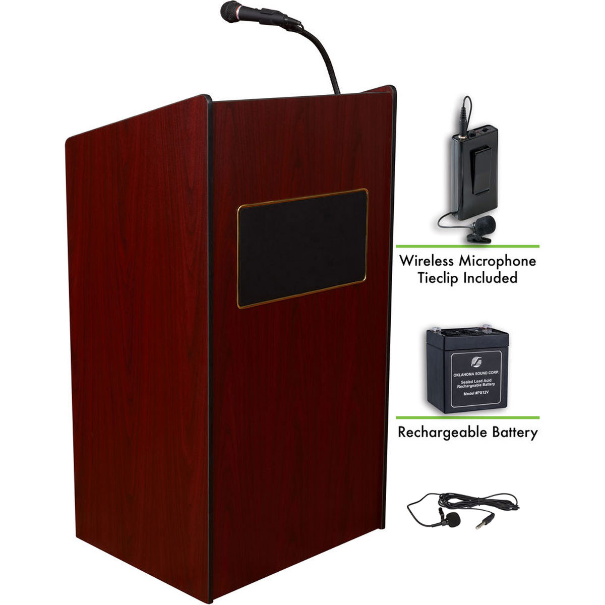 

Oklahoma Sound Aristocrat 6010 Lectern, Wireless Lavalier Mic, Battery, Mahogany