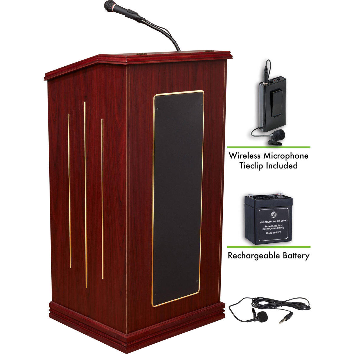 

Oklahoma Sound Prestige 711 Lectern, Battery & Wireless Lavalier Mic, Mahogany