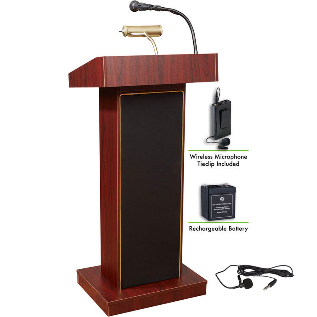 

Oklahoma Sound Orator 800X Lectern, Wireless Lavalier Mic & Battery, Mahogany