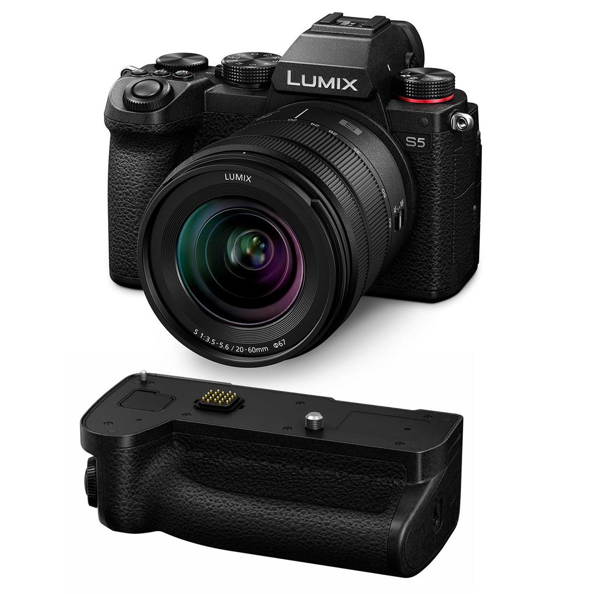 Panasonic Lumix DC-S5 Mirrorless Camera, Lumix 20-60mm Lens with Battery Grip