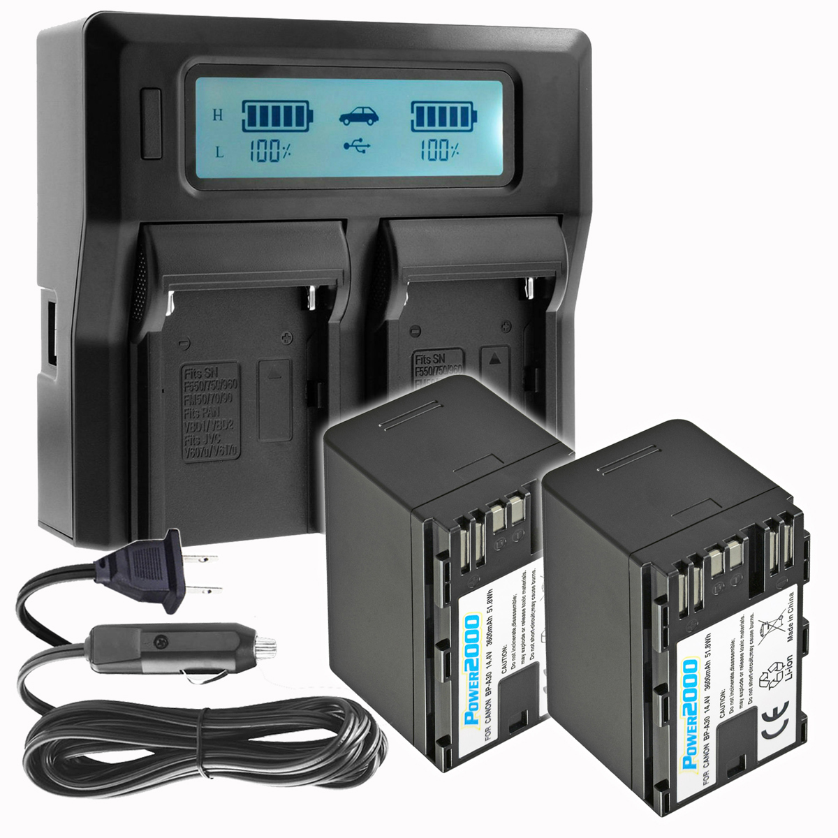 

Power2000 2x Canon BP-A30 14.4V 3600mAh Li-Ion Battery w/Dual Bay LCD Charger