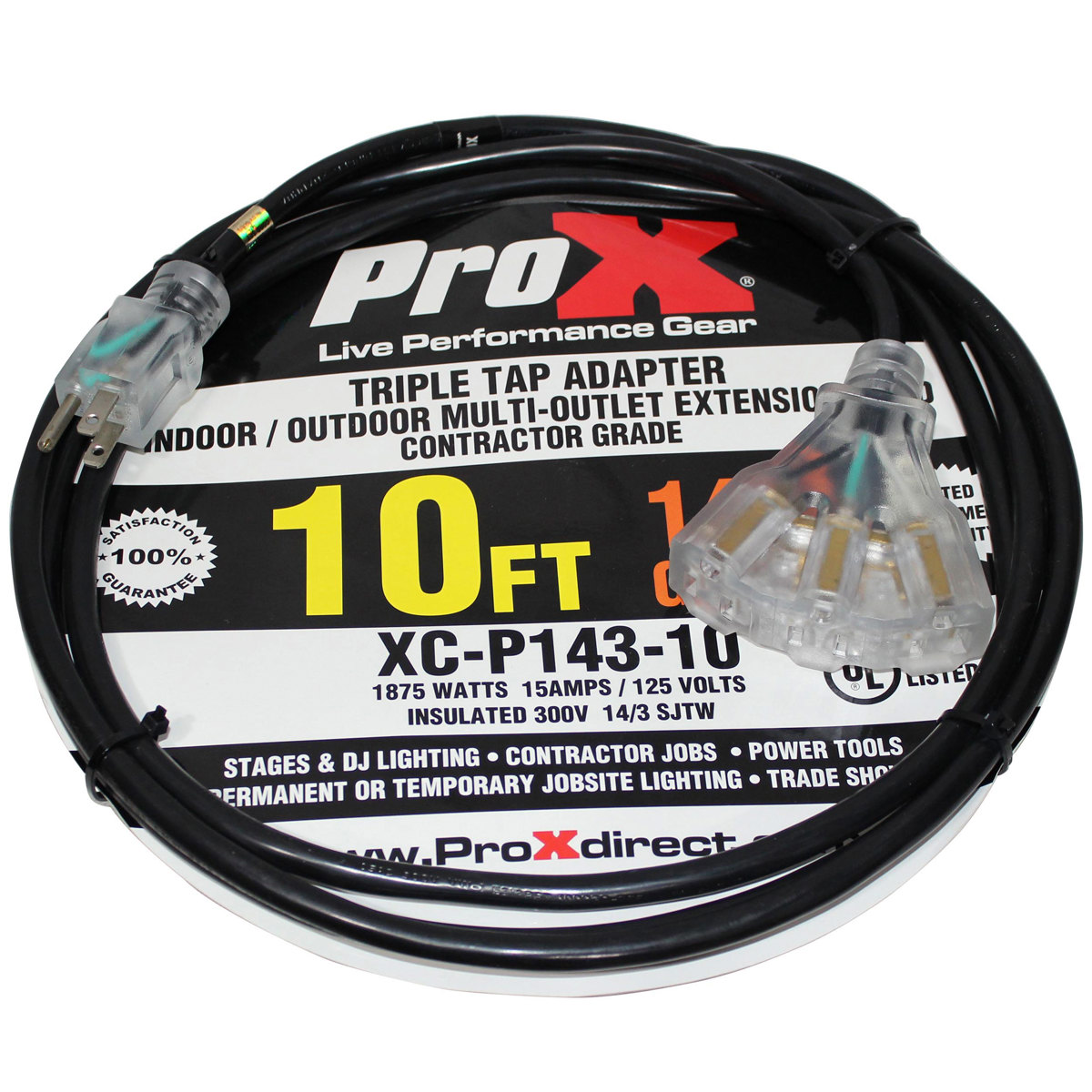 

ProX XC-P143-10 10' 14AWG 110V to 110V F Triple Tap Adapter Power Extension Cord