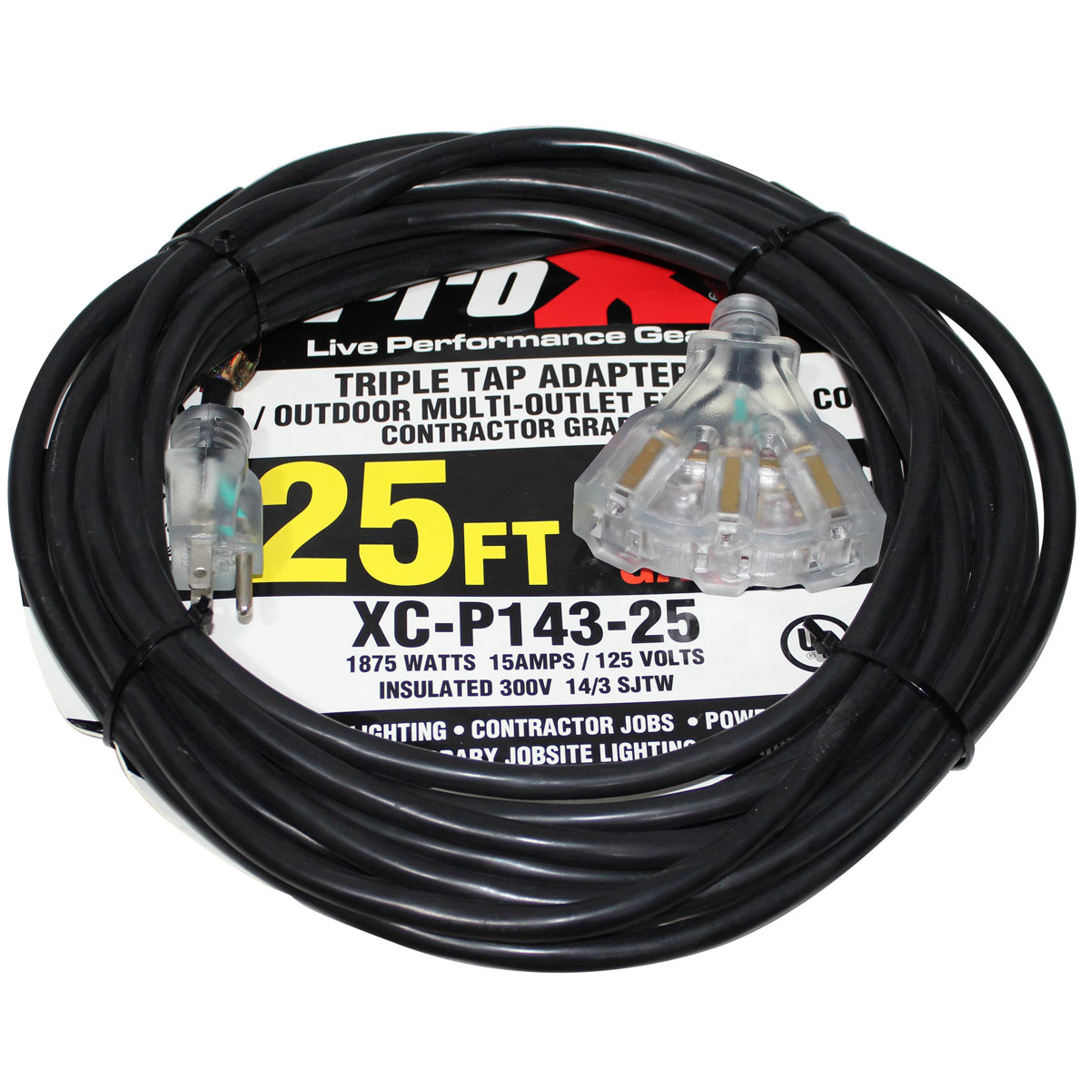 

ProX XC-P143-25 25' 14AWG 110V to 110V F Triple Tap Adapter Power Extension Cord