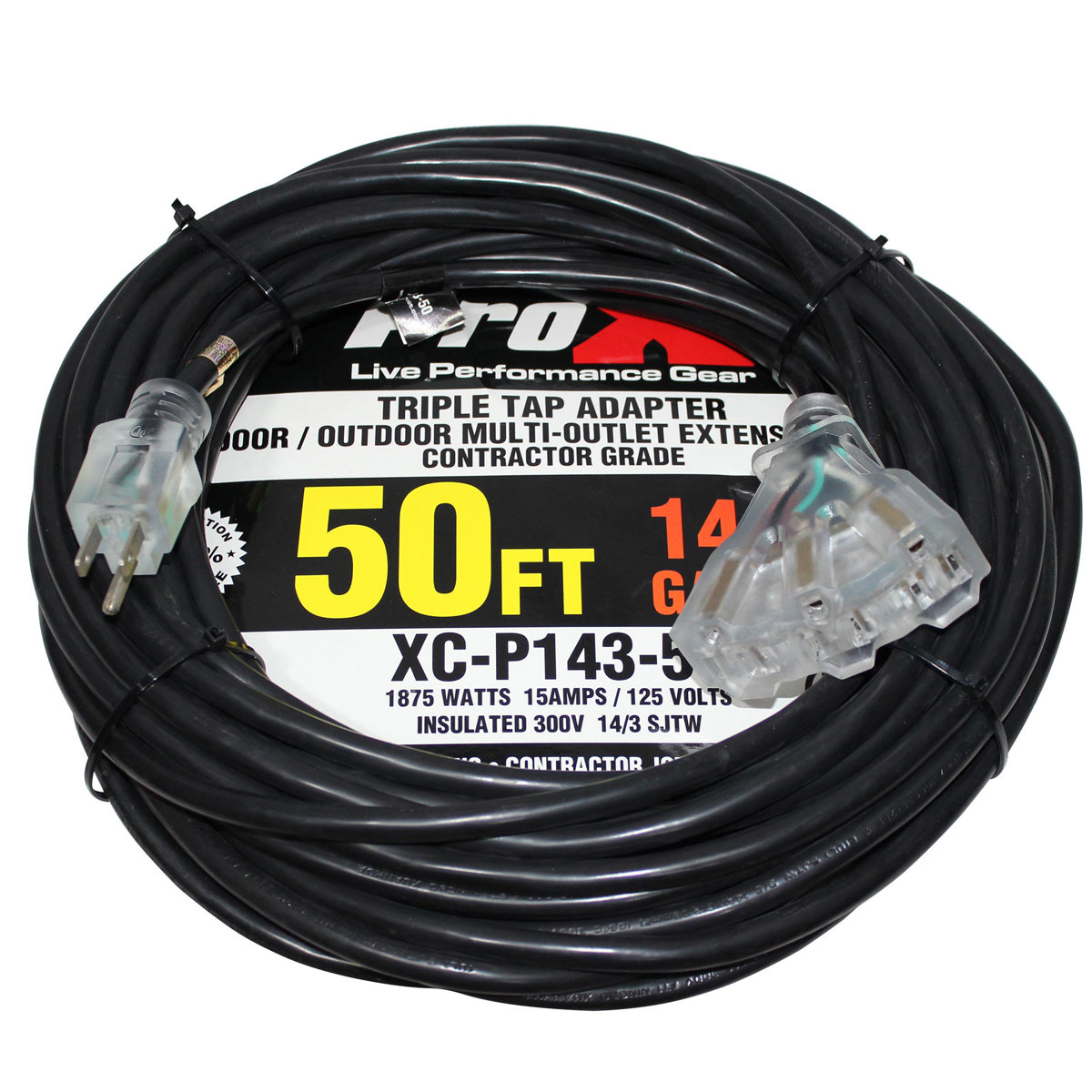 

ProX XC-P143-50 50' 14AWG 110V to 110V F Triple Tap Adapter Power Extension Cord