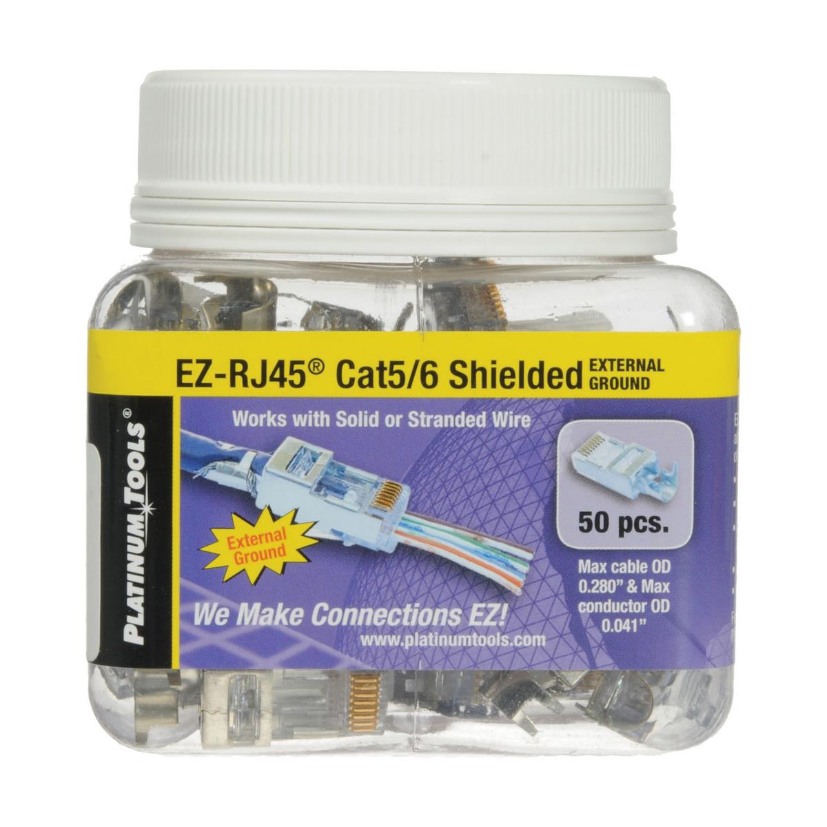 

Platinum Tools EZ-RJ45 Connectors for CAT5e & CAT6 External Ground, 50-Pack, Jar