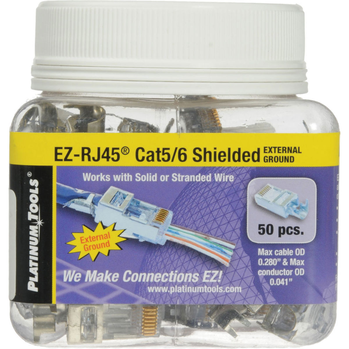 

Platinum Tools EZ-RJ45 Connectors for CAT5e & CAT6 External Ground, 50-Pack, Jar