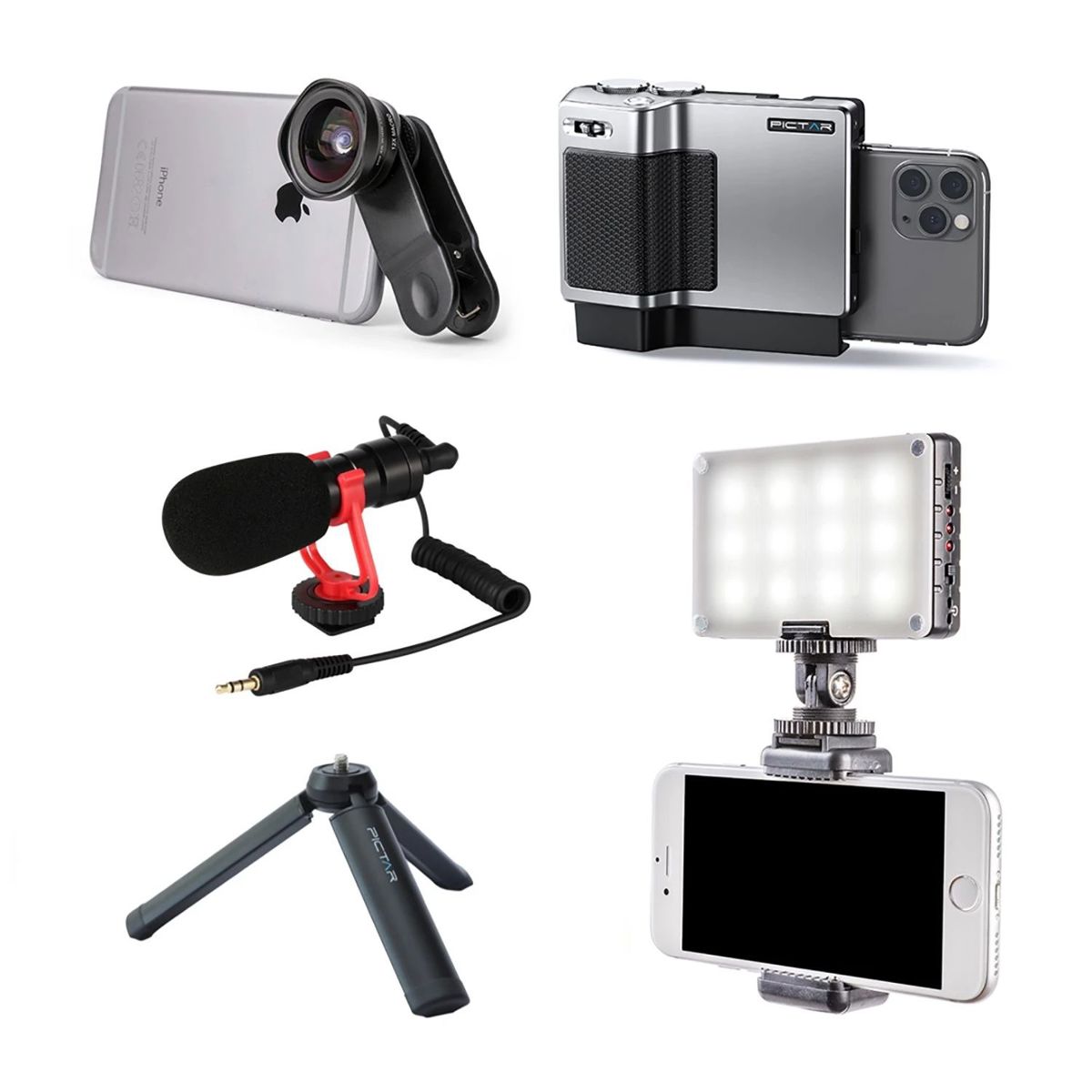 

Pictar Studio On The Go Pro Kit, Pro Grip, 16mm Lens, Light, Mini Tripod, Mic