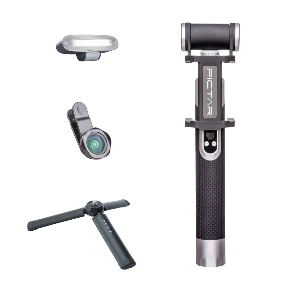 

Pictar Selfie Studio Pro Kit w/Wide Angle Lens, Mini Tripod, Light, Silver Black