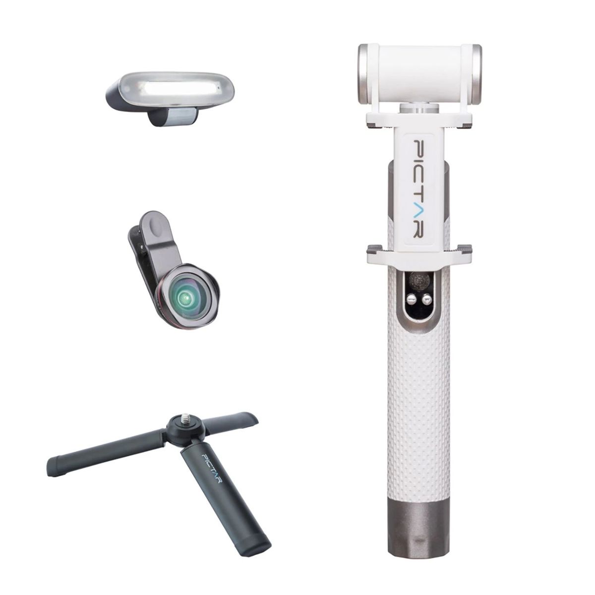 

Pictar Selfie Studio Pro Kit w/Wide Angle Lens, Mini Tripod, Light, Smokey White