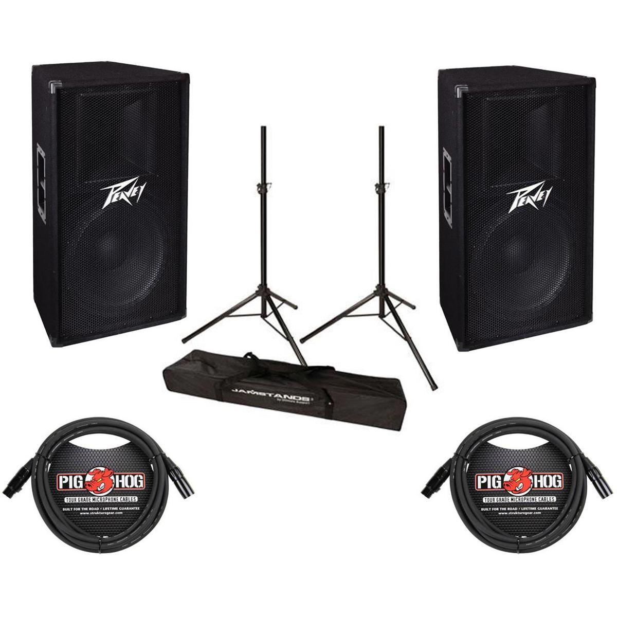 

Peavey 2 Pack PV 115 15" Two-Way Passive Speaker W/Speaker Stand Pair/2x Cables