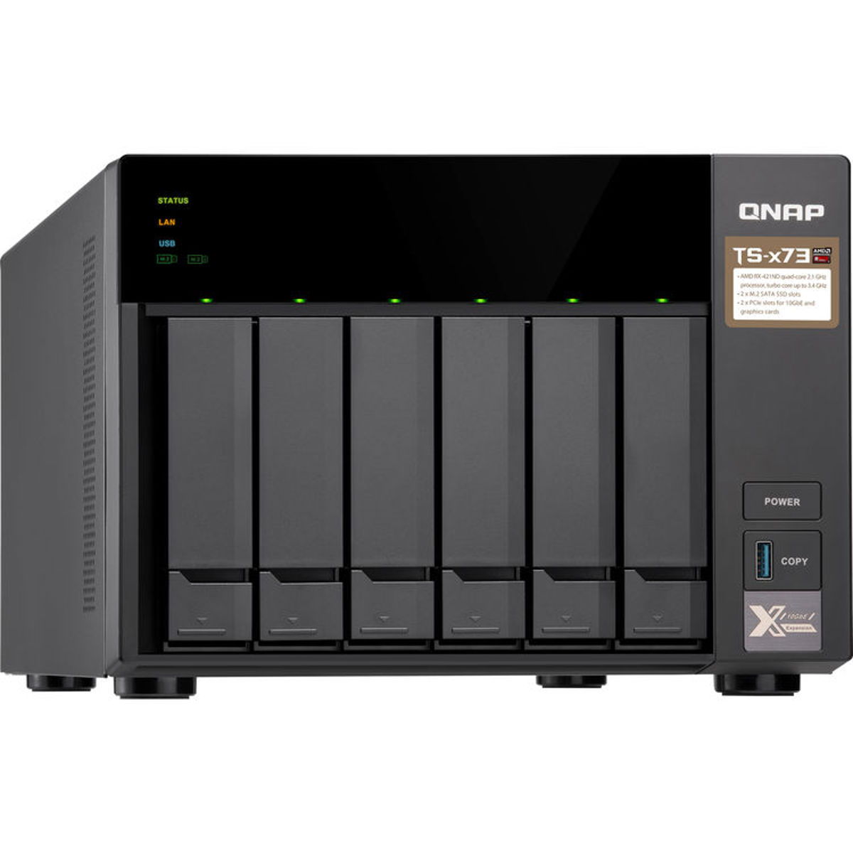 

Qnap TS-673 6-Bay NAS Enclosure/iSCSI IP-SAN, AMD RX421D Quad-Core 2.1GHz, 8GB RAM