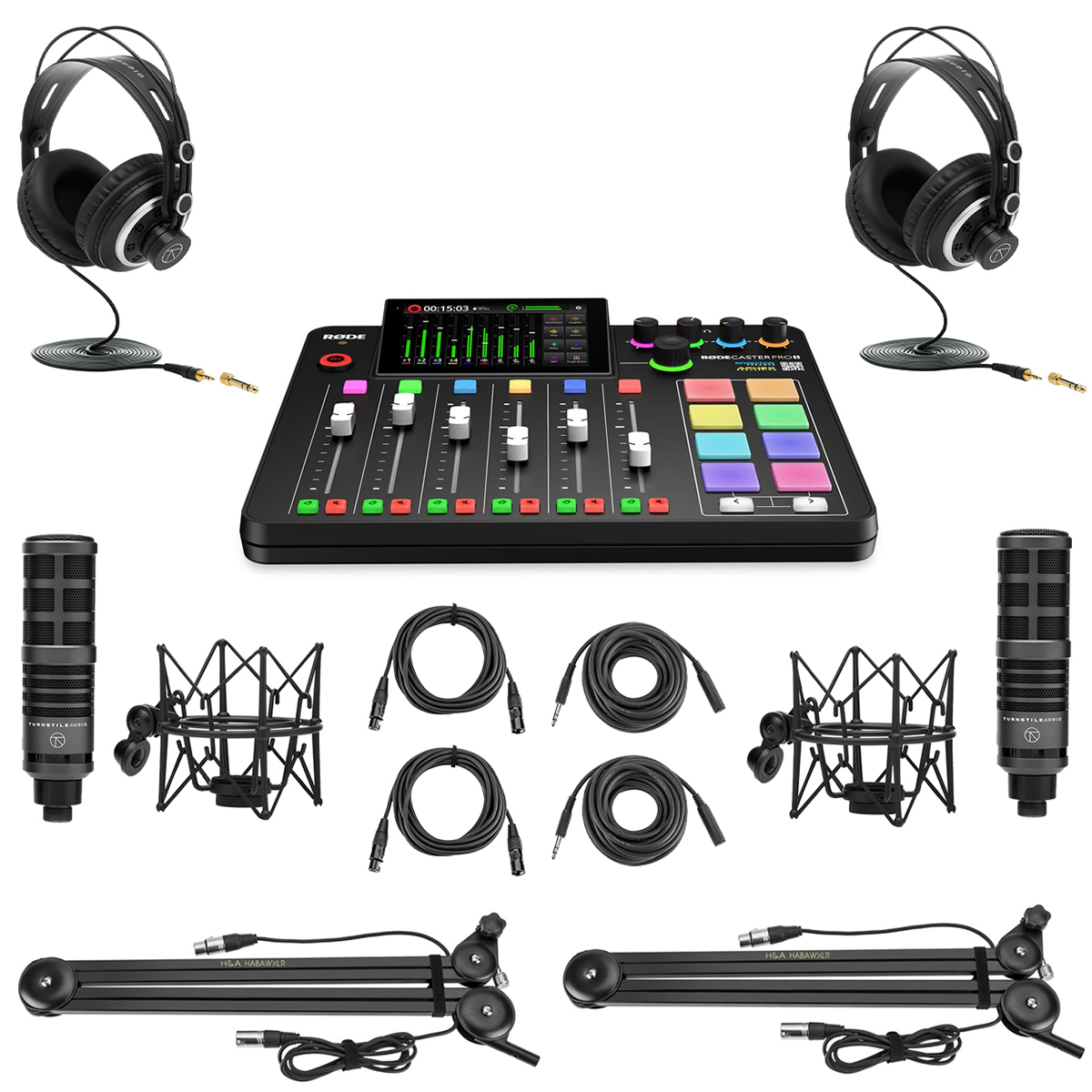 

Rode RODECaster Pro II Studio Console, w/2x TAP300 Mics and 2x H&A Broadcast Arm