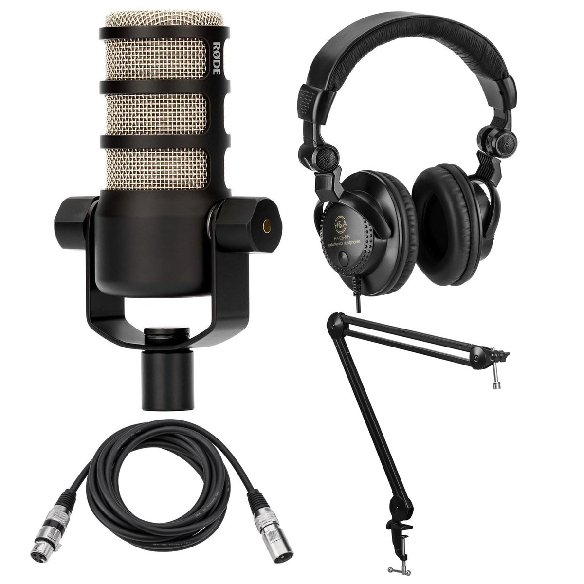 

Rode PodMic Dynamic Podcasting Microphone with Broadcast Arm, Headphones, Cable