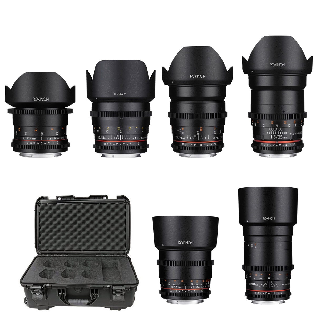 

Rokinon 14mm, 24mm,35mm,50mm,85mm,135mm Cine DS 6-Lens for Canon EF w/Carry Case