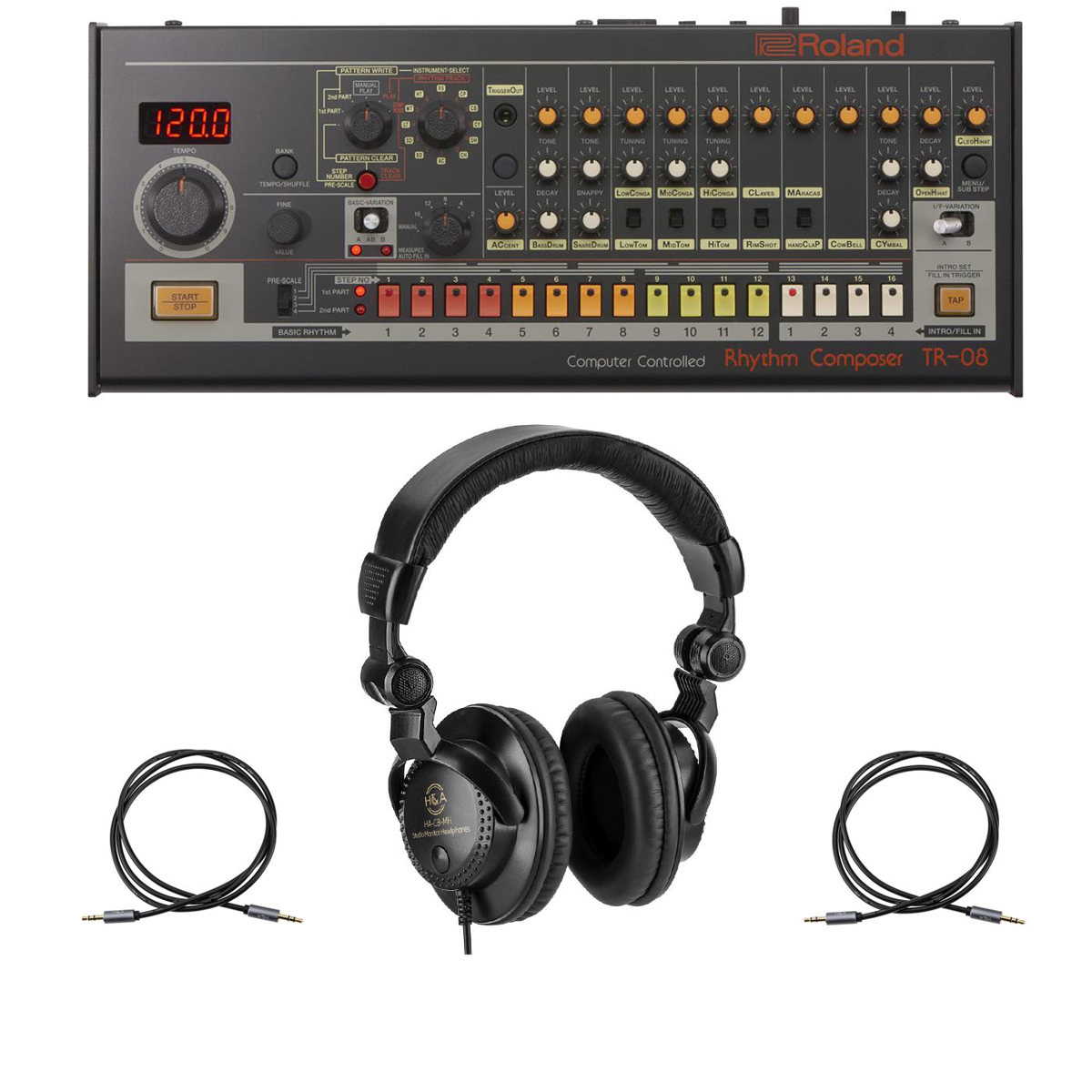 

Roland Boutique TR-08 Rhythm Composer W/ H&A Studio Monitor Headphones/2x Cables