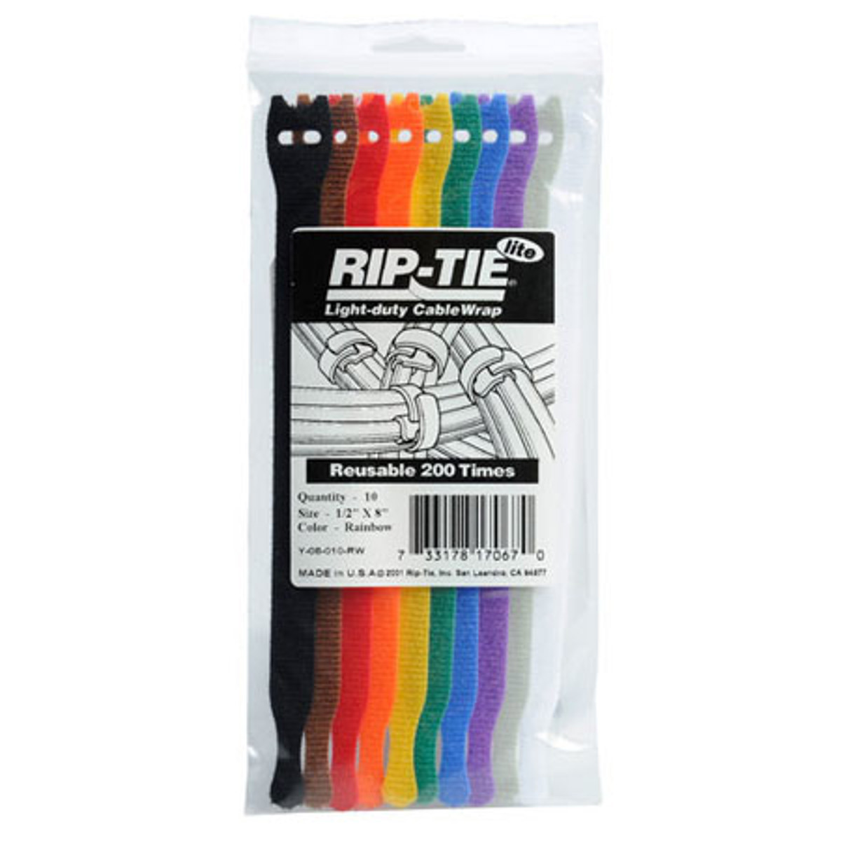 

Rip-Tie Lite 1/2" x 8" Light-Duty Strap, 10/Pack, Rainbow