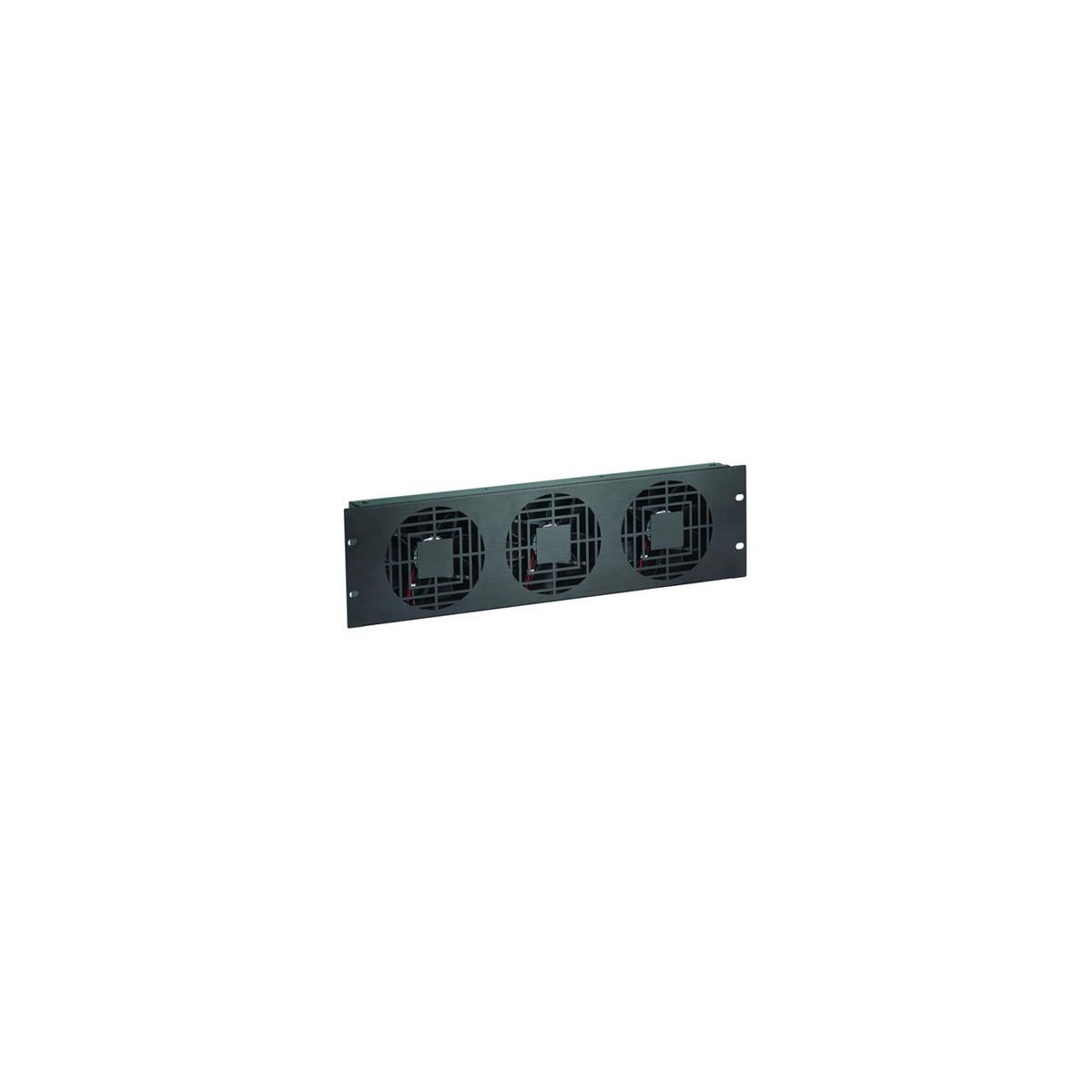 Raxxess 3U High Flow Triple Fan Panels The Raxxess 3U High Flow Triple Fan Panels moves 300 CFM of air. The front panel is made of attractive brushed black anodized aluminum to fit into any setting. Power supply is auto-ranging from 110 to 240VAC and 50 or 60 Hz.