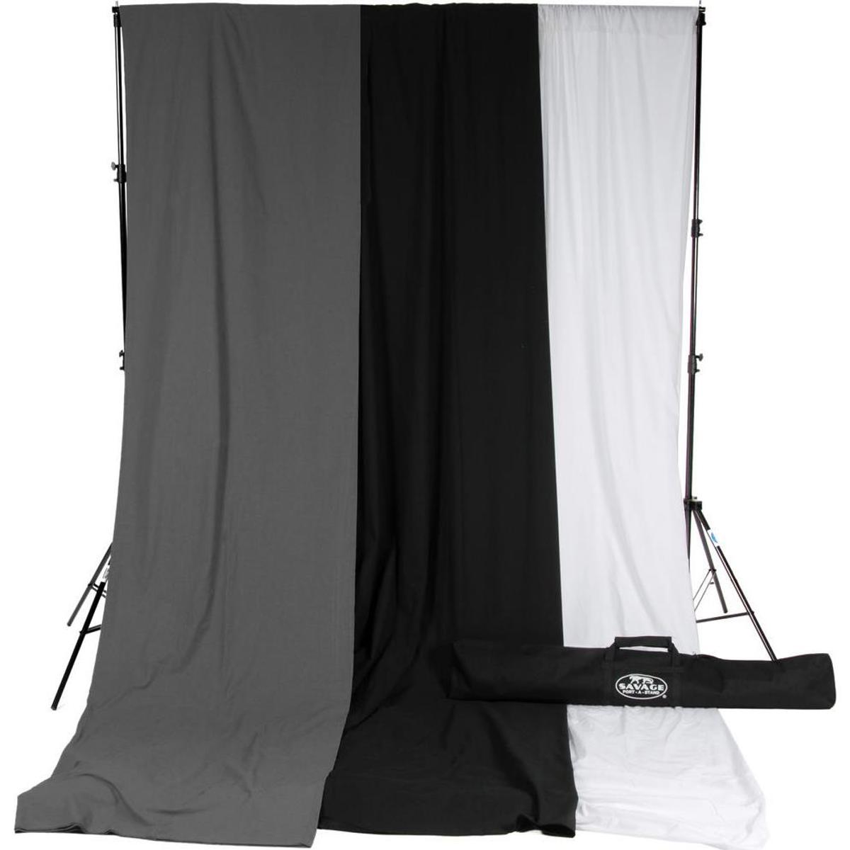 

Savage 10 x 24' Accent Muslin Background Kit with Port-A-Stand, White/Gray/Black