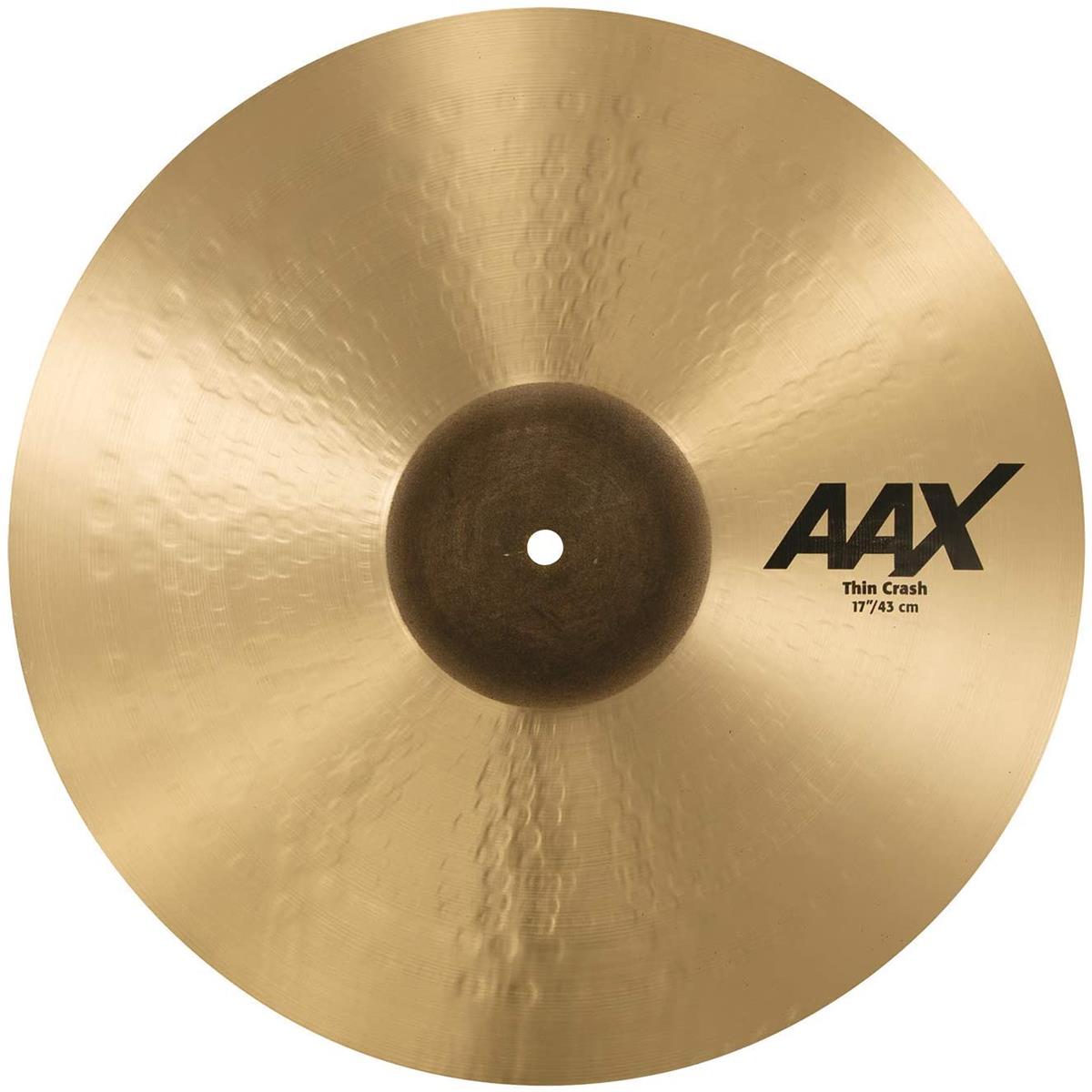 Sabian 17" AAX Thin Crash Cymbal, Natural Finish The 17" AAX Thin Crash from SABIAN introduces a whole new palette of sound to the AAX line. A small raw bell delivers faster response. A whole new style of AAX hammering - much more visible on the surface of the cymbal due to the larger, rounder peen - makes for a thinner, more complex and slightly darker crash. At the same time, more highs are introduced into the sound, resulting in a wider band of frequency.For drummers, that means brighter highs and more complex lows. SABIAN has always pushed the boundaries of innovation, using the latest manufacturing technology to answer new trends in music and sound. AAX Thin Crashes are no exception, answering the call for thinner, faster, more complex crashes.