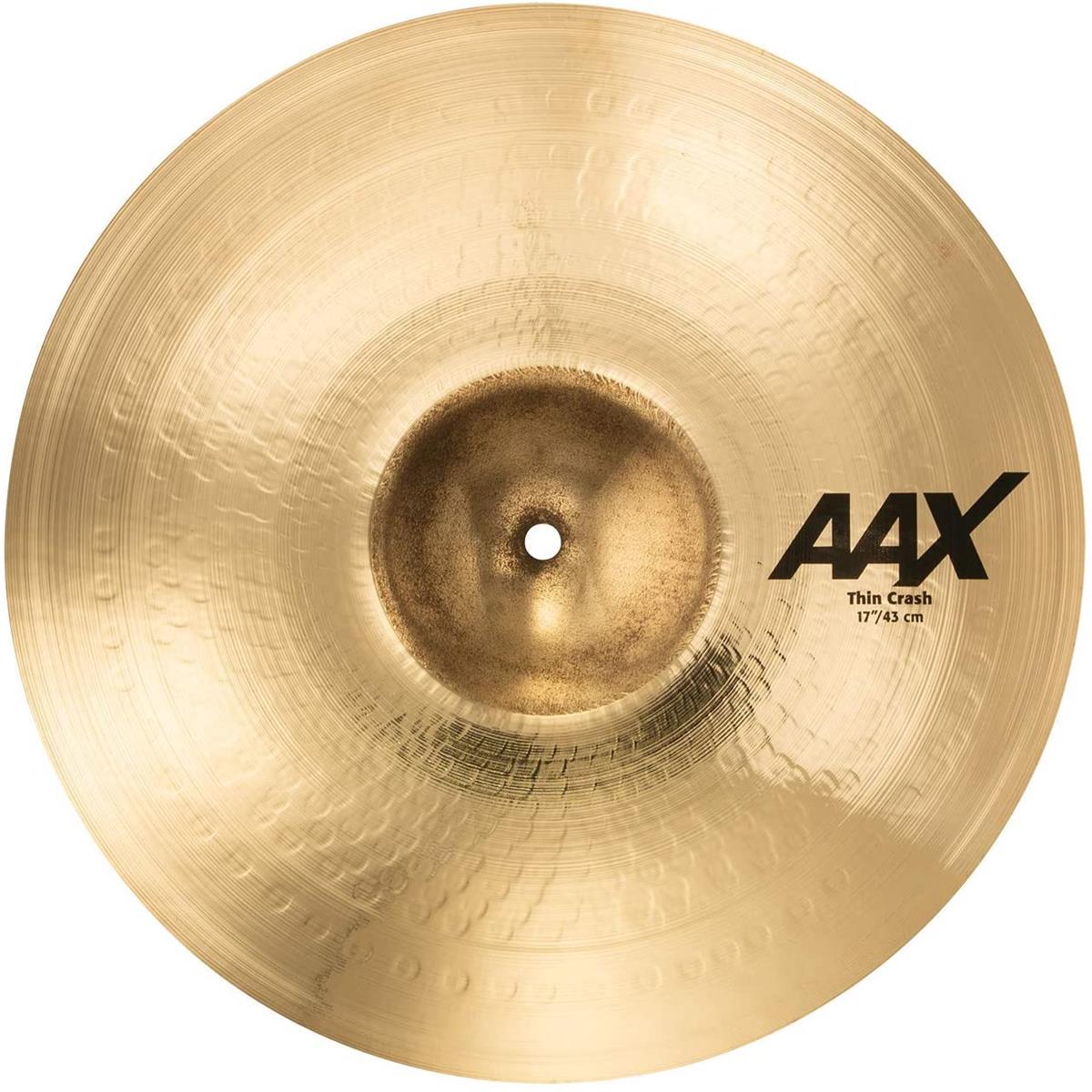 Sabian 17" AAX Thin Crash Cymbal, Brilliant Finish The 17" AAX Thin Crash from SABIAN introduces a whole new palette of sound to the AAX line. A small raw bell delivers faster response. A whole new style of AAX hammering - much more visible on the surface of the cymbal due to the larger, rounder peen - makes for a thinner, more complex and slightly darker crash. At the same time, more highs are introduced into the sound, resulting in a wider band of frequency.For drummers, that means brighter highs and more complex lows. SABIAN has always pushed the boundaries of innovation, using the latest manufacturing technology to answer new trends in music and sound. AAX Thin Crashes are no exception, answering the call for thinner, faster, more complex crashes.