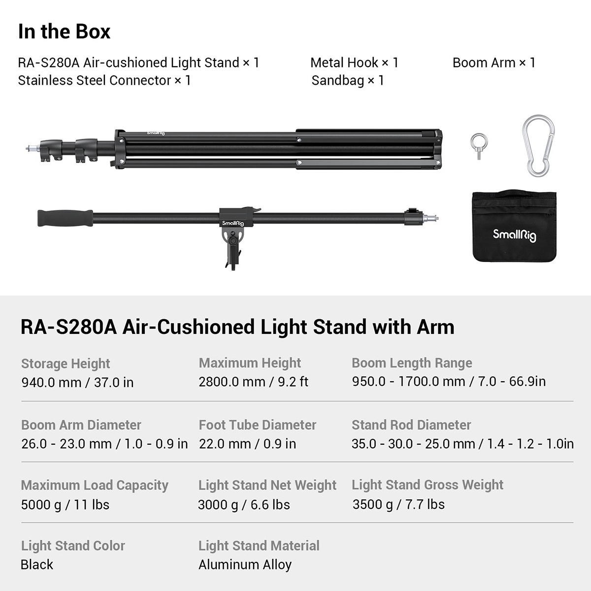 SmallRig RA-S280A Air-Cushioned Light Stand with Boom Arm, Black #3737