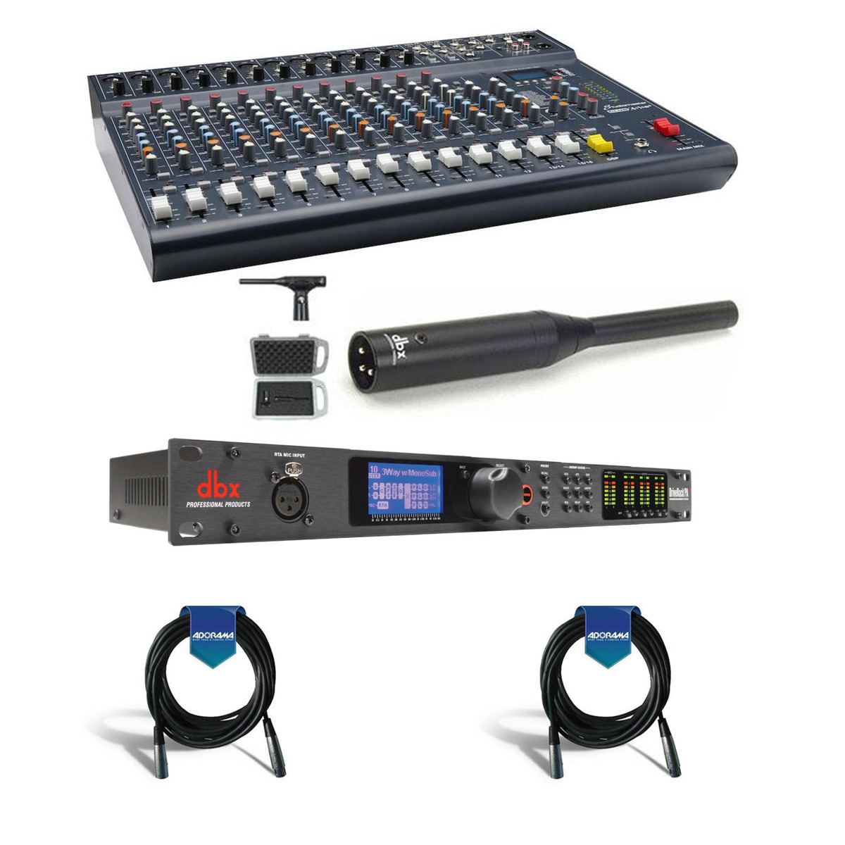 

Studiomaster DBX DriveRack PA2 - RTA-M Reference Microphone - Studiomaster 16 Channel Mixer