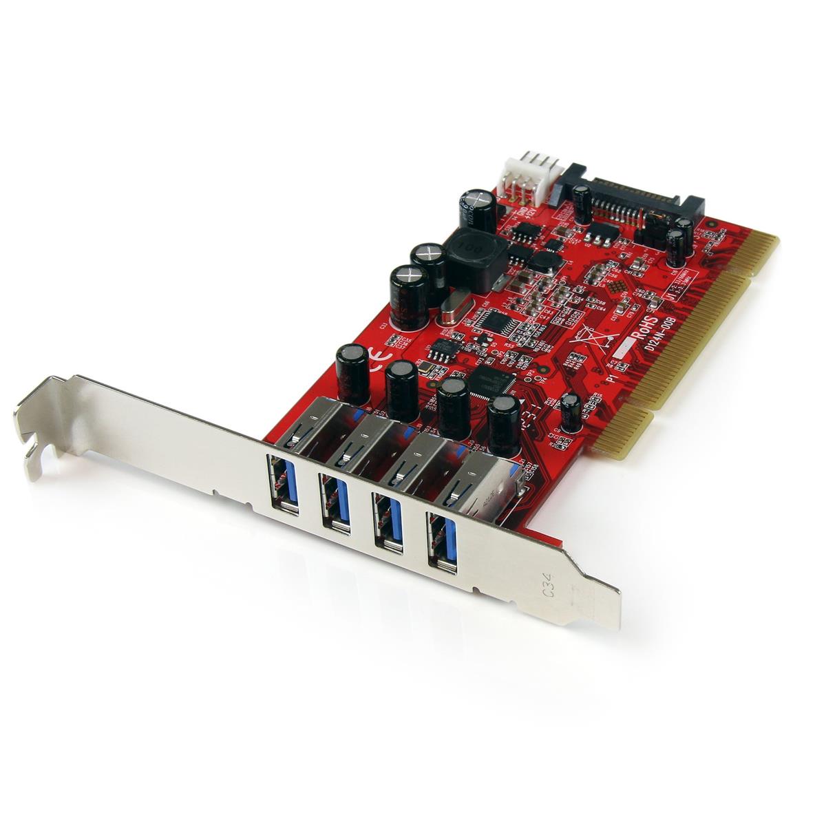 Image of StarTech 4 Port PCI SuperSpeed USB 3.0 Adapter Card with SATA and SP4 Power