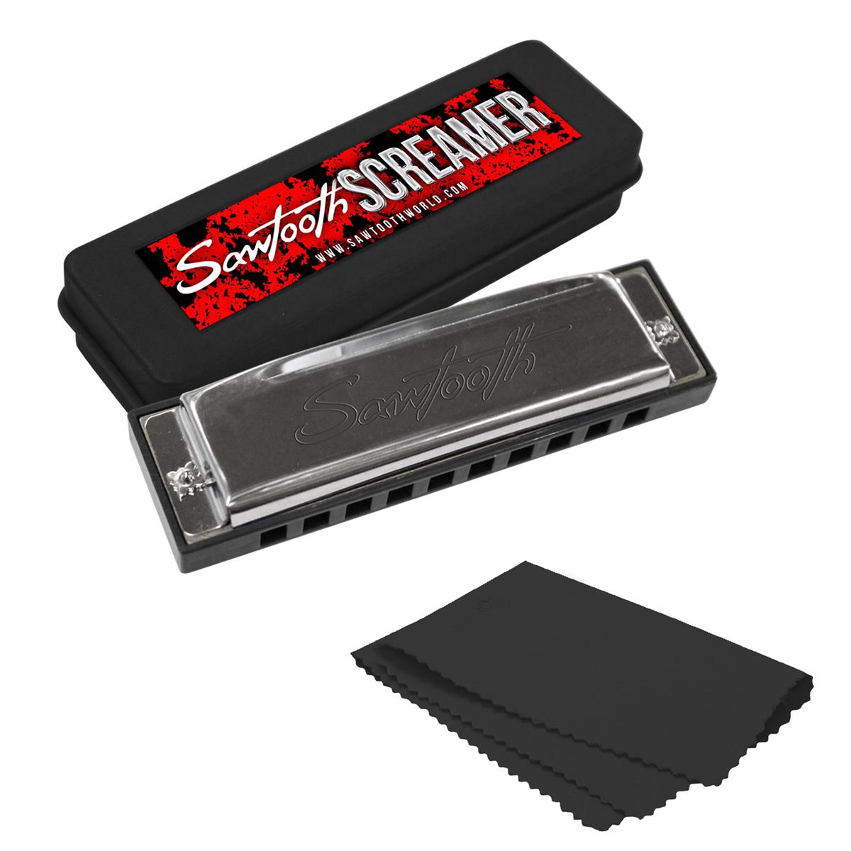 Image of Sawtooth Screamer Chrome Plated Harmonica with Case and Polish Cloth