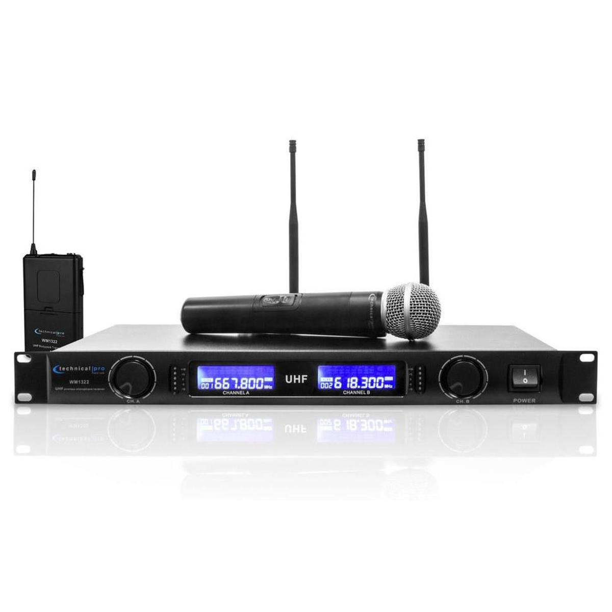 

Technical Pro WM1322 Dual UHF Wireless Handheld, Lapel & Headset Mic System