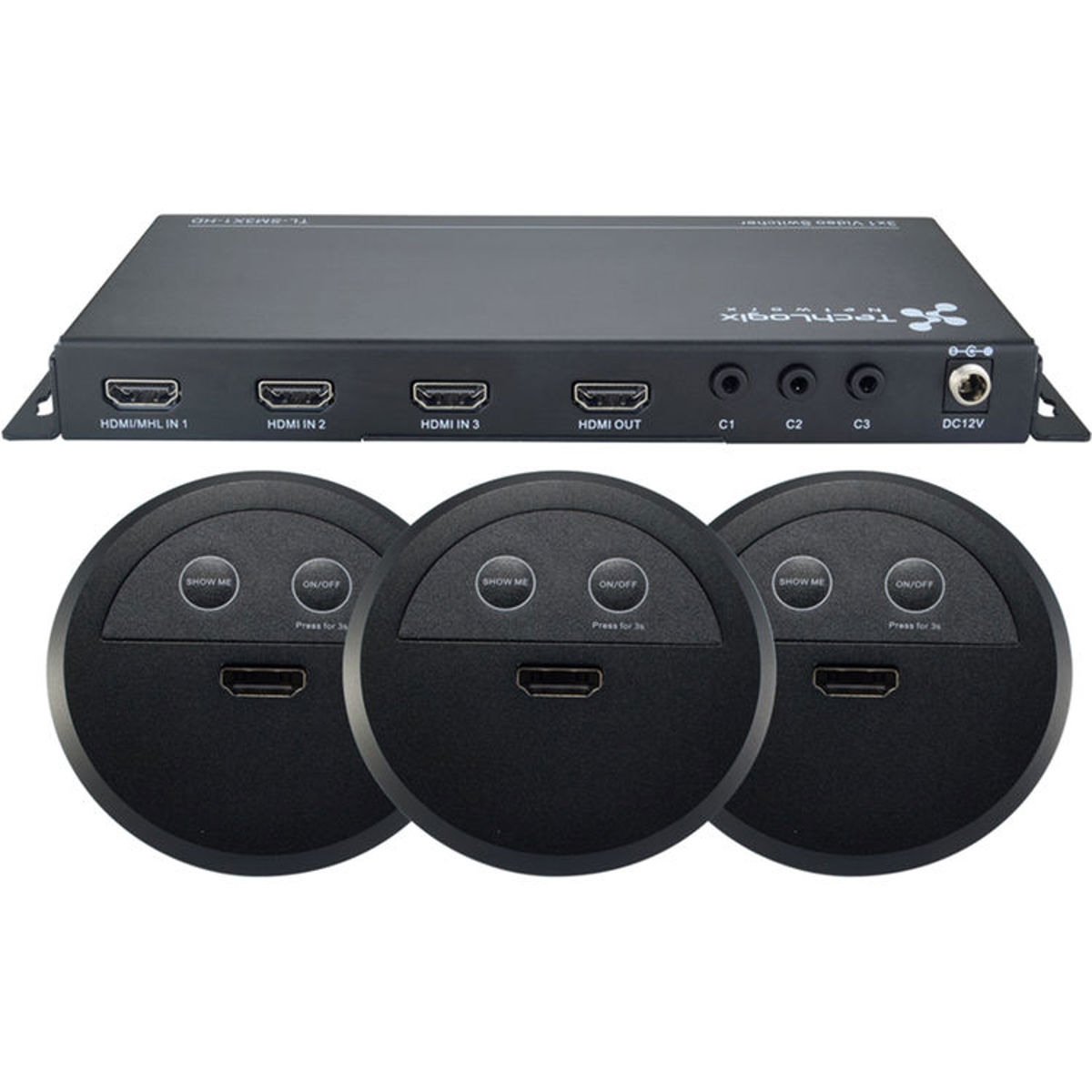 

TechLogix Networx Share-Me TL-SM3X1-HD Switcher with 3x TL-SMG-HD Grommet