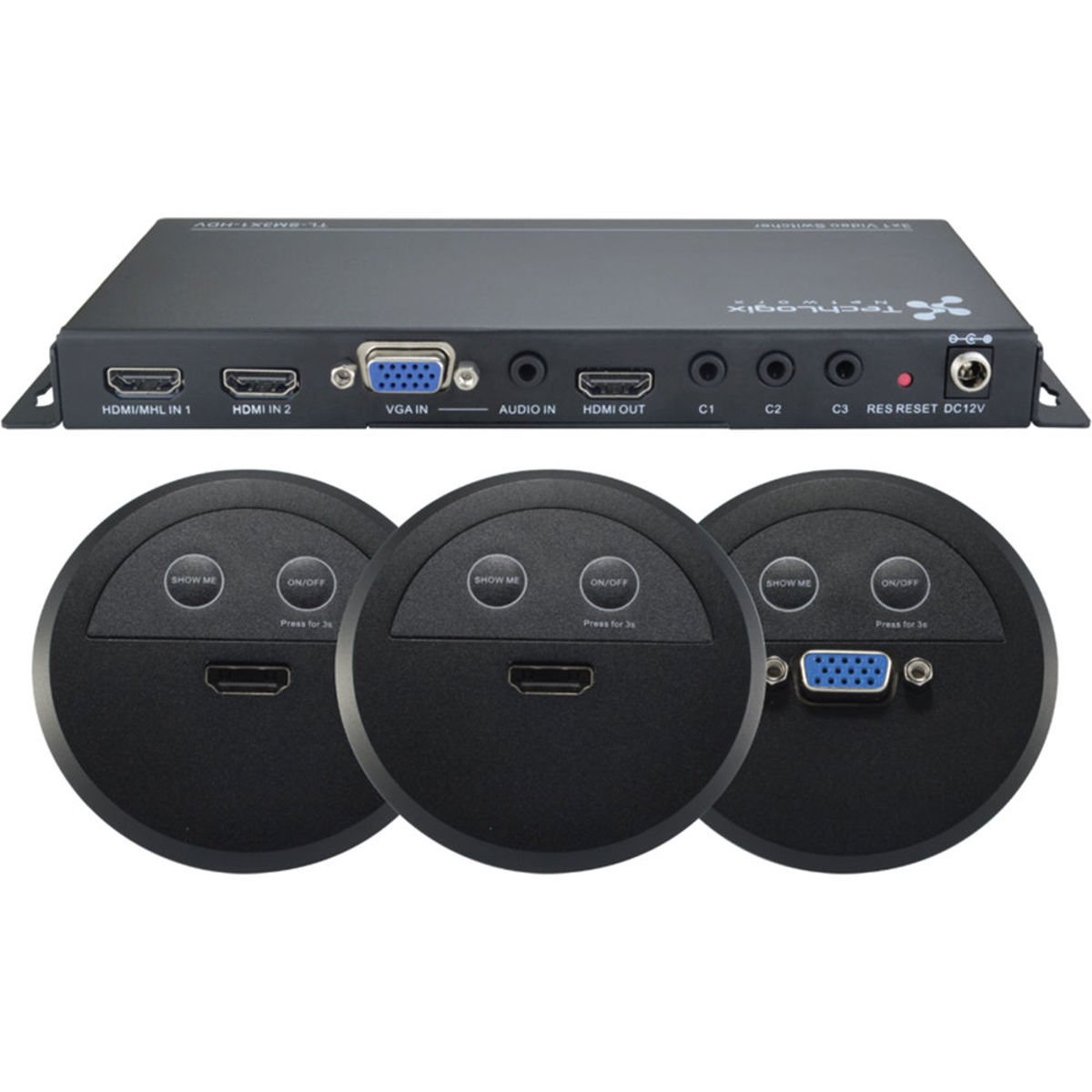 

TechLogix Networx Share-Me TL-SM3X1-HDV Switcher,TL-SMG-VGA/2x TL-SMG-HD Grommet
