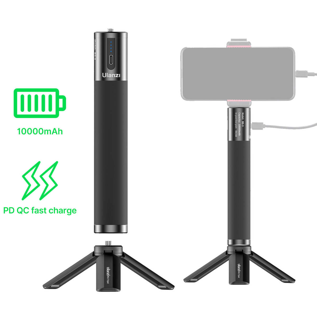 

Ulanzi BG-3 10000mAh Power Bank Hand Grip w/USB-A & Type-C Dual Charging Ports