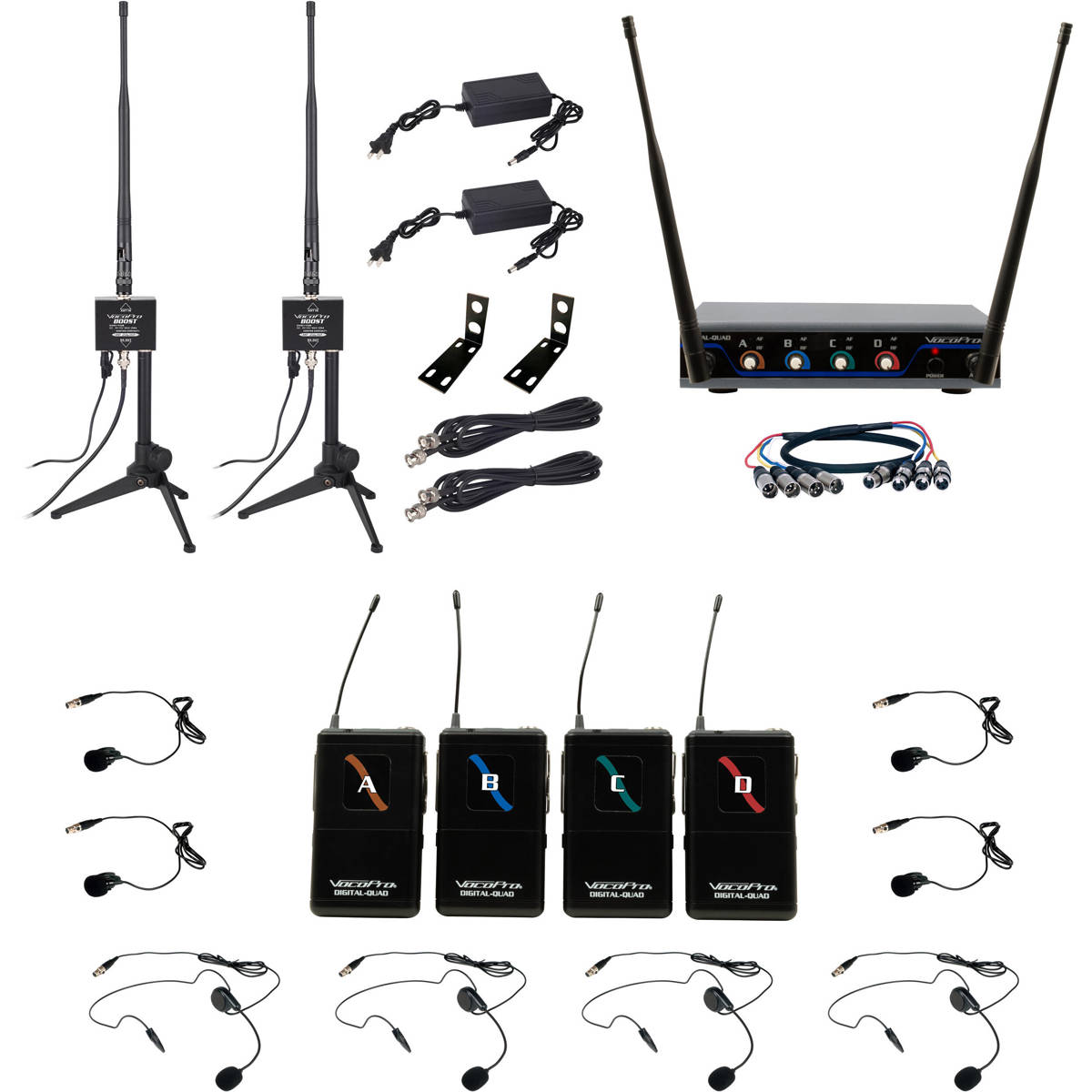 

VocoPro Boost 600' Long-Range Digital Wireless Mic System, w/4x Headset/Lav Mics